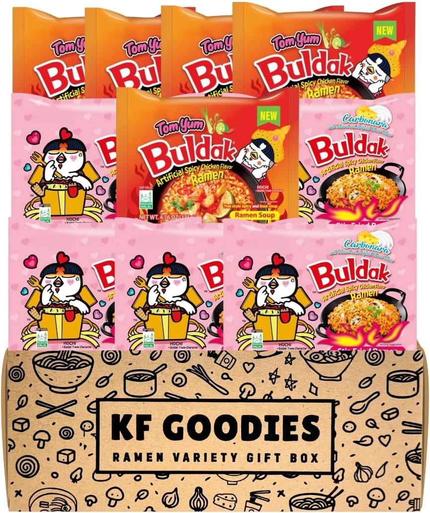 KF GOODIES Korean Ramen Variety Pack Gift Box (10 Count) – Spicy Buldak Noodle Assortment for Birthdays, College Care Packages, Office Snacks, and Gift Baskets