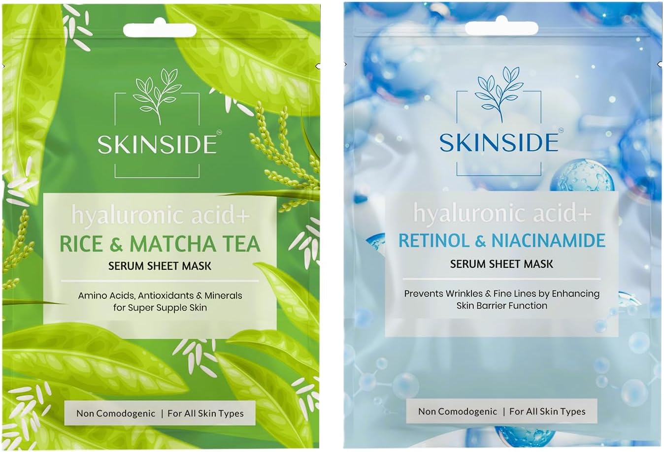 SkinSide Serum Sheet Mask for Glowing Skin with Hyaluronic Acid | Face Mask Sheets Combo for | Hydrating | Tan & Blackheads Removal | Instant Brightening | Pore Reduction | Fairness | Skin Tightening (2, Rice & Matcha Tea | Retinol & Niacinamide)