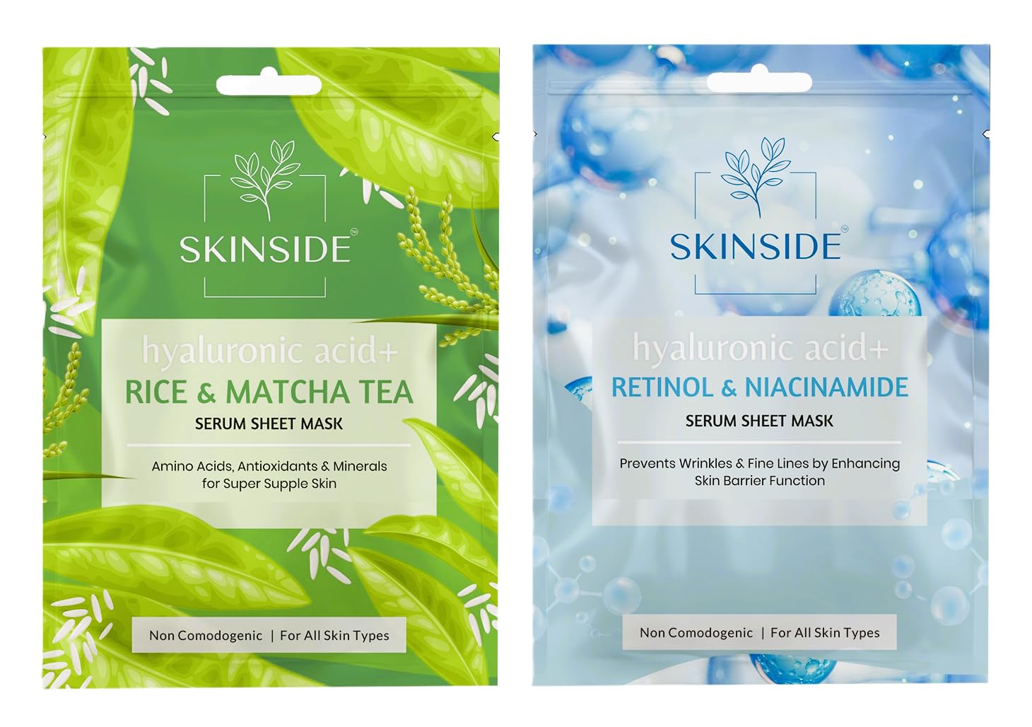 SkinSide Serum Sheet Mask for Glowing Skin with Hyaluronic Acid | Face Mask Sheets Combo for | Hydrating | Tan & Blackheads Removal | Instant Brightening | Pore Reduction | Fairness | Skin Tightening (2, Rice & Matcha Tea | Retinol & Niacinamide)
