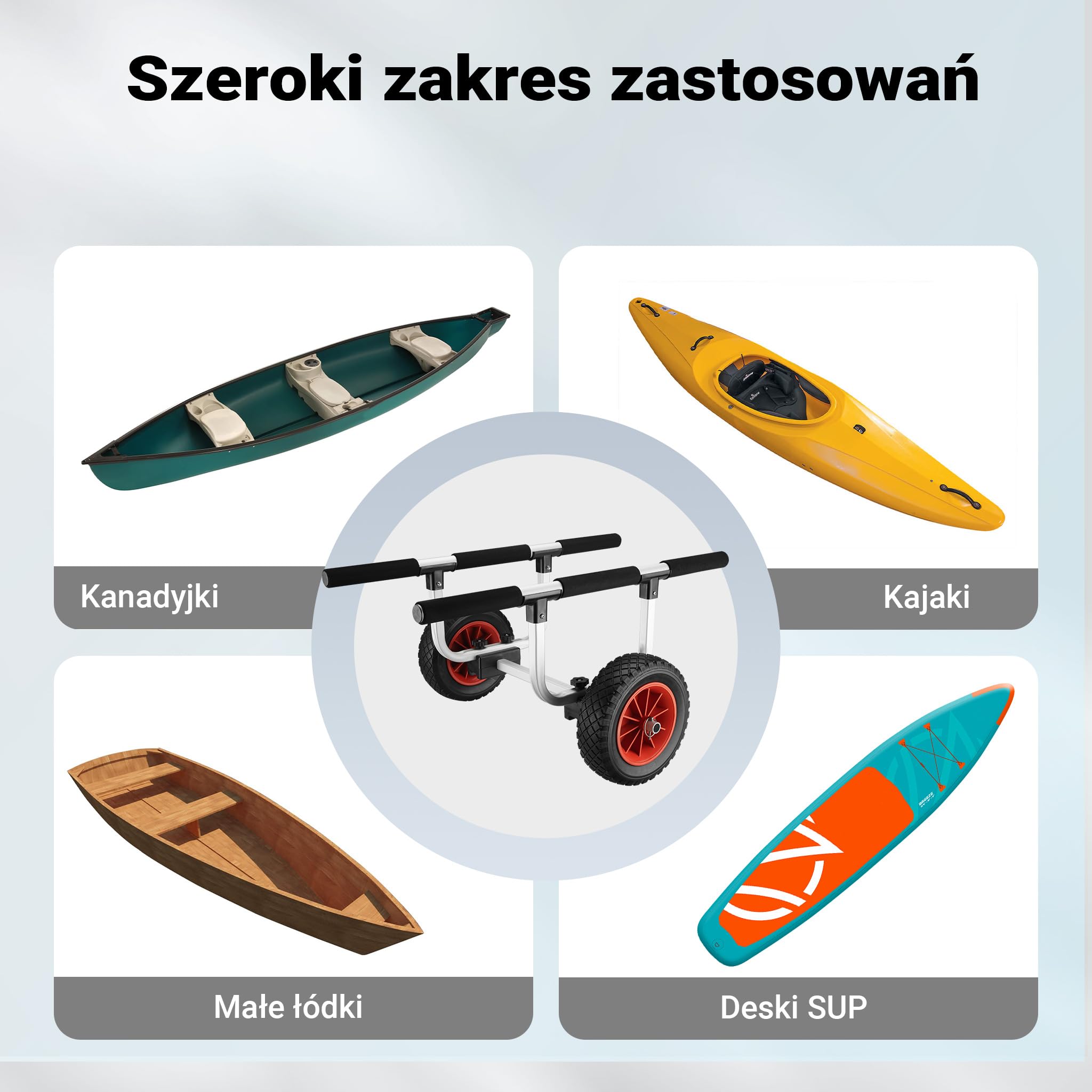 Regulowany aluminiowy wózek kajakowy Wiltec do 90 kg, wózek transportowy do łodzi, kajaków i kanoe, wózek surfingowy z poduszkami, ⌀22 cm koła PU i paski parciane