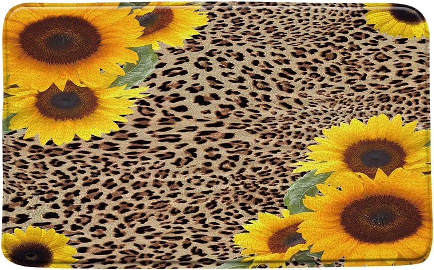 Leopard Print Bath Mat Sunflower Yellow Floral Animal Skin Abstract Cheetah Africa Safari Wildlife Creative Bathroom Decor Microfiber Memory Foam Backing Bath Rugs 18x30 Inch and 16 x 48 Inch