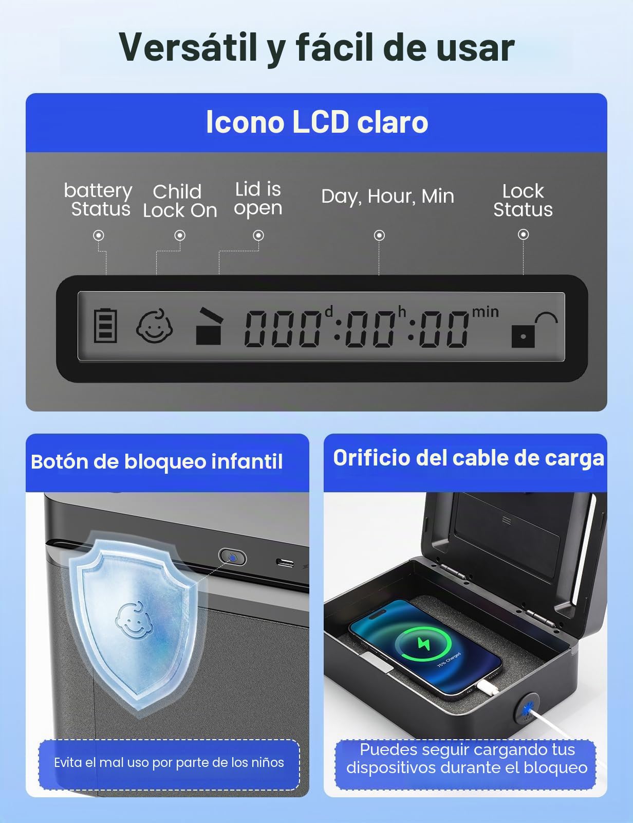 Caja Metálica con Temporizador y USB-C, Tamaño Pequeño | Bloqueo programable hasta 365 días, puerto USB-C, aviso sonoro y función de seguridad infantil.