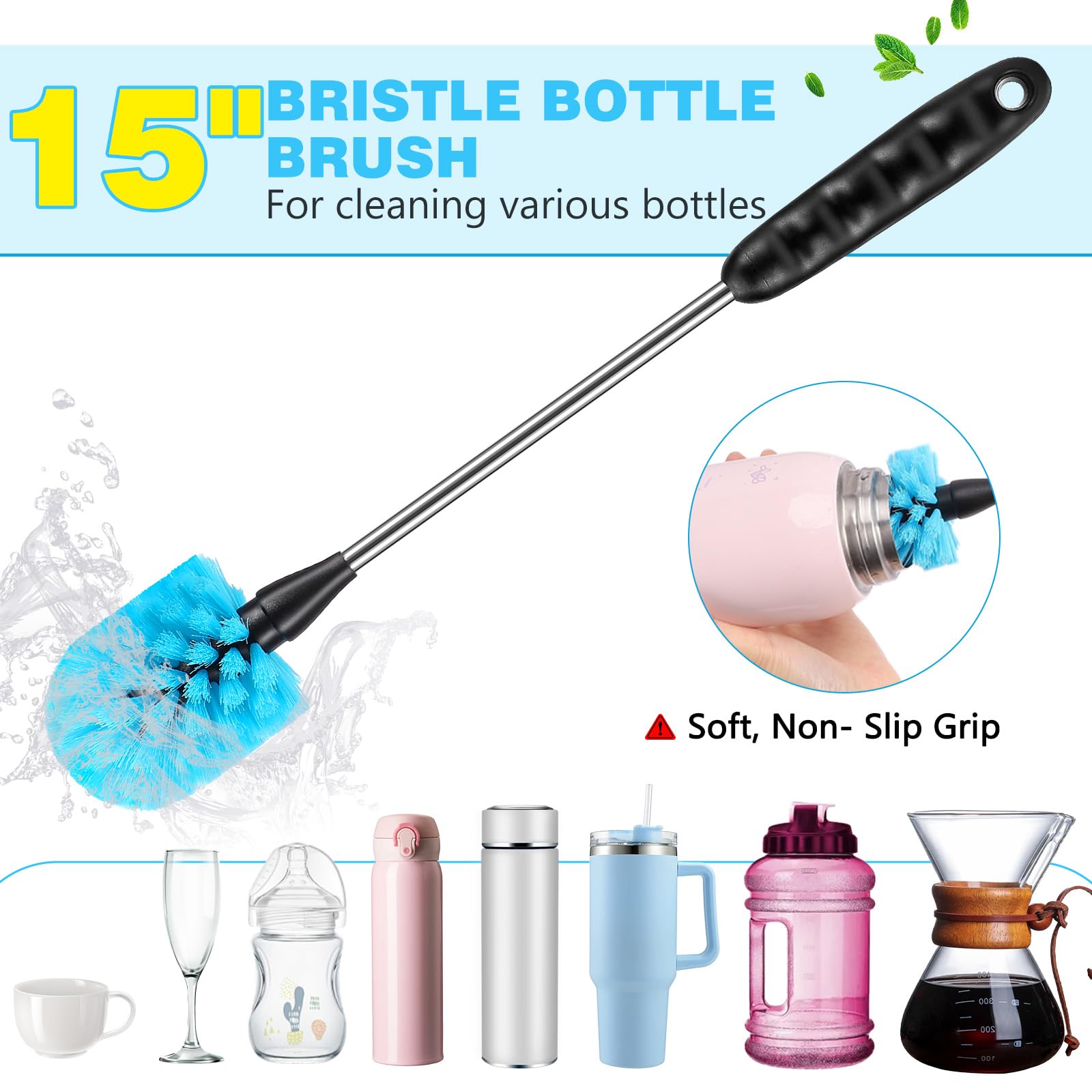 Long Handle Stainless Steel Water Bottle Brush Set, Water Bottle Cleaning Brush Straw Brush, Suitable for Sports Water Bottles, Thermos pots, Coffee Cups
