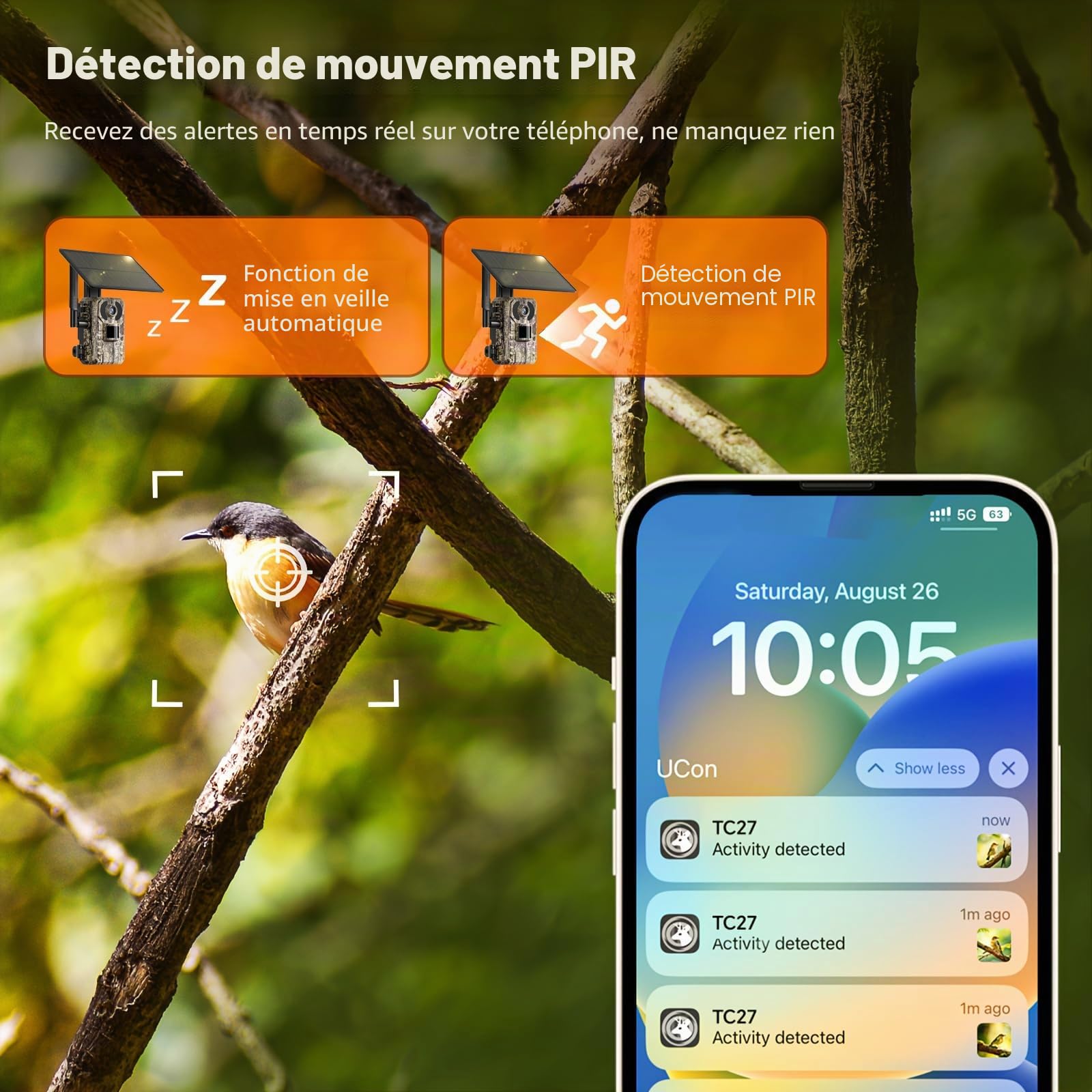 Caméra de chasse 4G LTE solaire avec carte SIM, phototrapage 4K sans WiFi, batterie 10 400 mAh, vision nocturne 950 nm IR invisible, audio bidirectionnel, activation 0,2 s, IP66 étanche