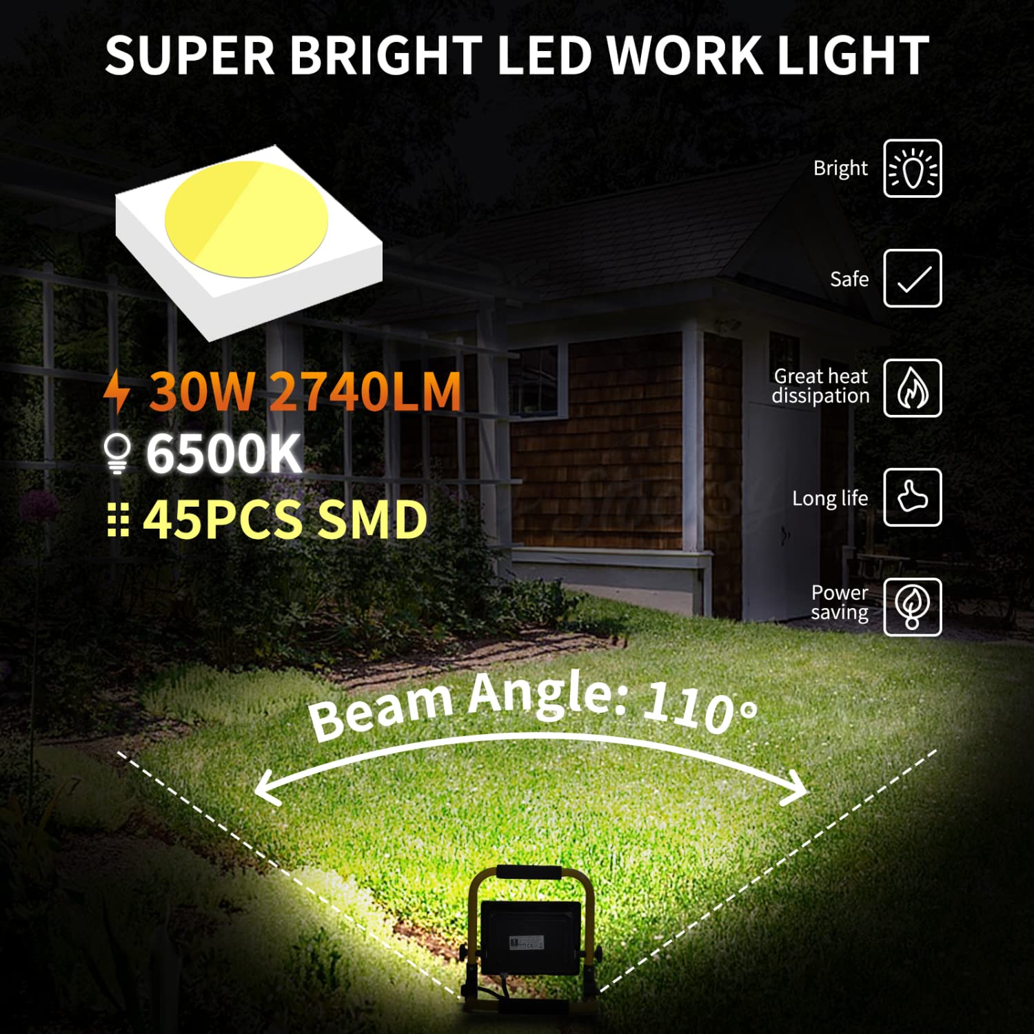 Aigostar Foco de Trabajo LED 30W,6500K Luz Blanca, 2740LM Luz de Trabajo con Giratorio 360º,Cable de 1.8M para Uso en Interiores y Exteriores,para Obra, Taller, Garaje, 2 piezas