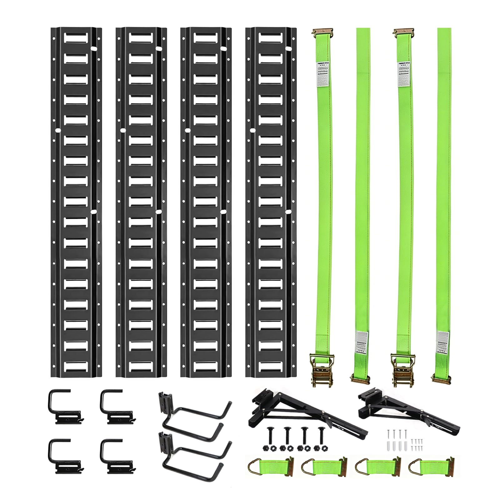 Photo 1 of E-Track Tie-Down Rail Kit, 4 Pack 8ft Etrack Rails(48 Slots), 18 Pcs Includes 2 Ratchet Straps & 4 Tie-Offs & 2 Double J Hooks & 4 J-Hooks & 2 Shelf Bracket, Fit for Garages Vans Trailers Motorcycles