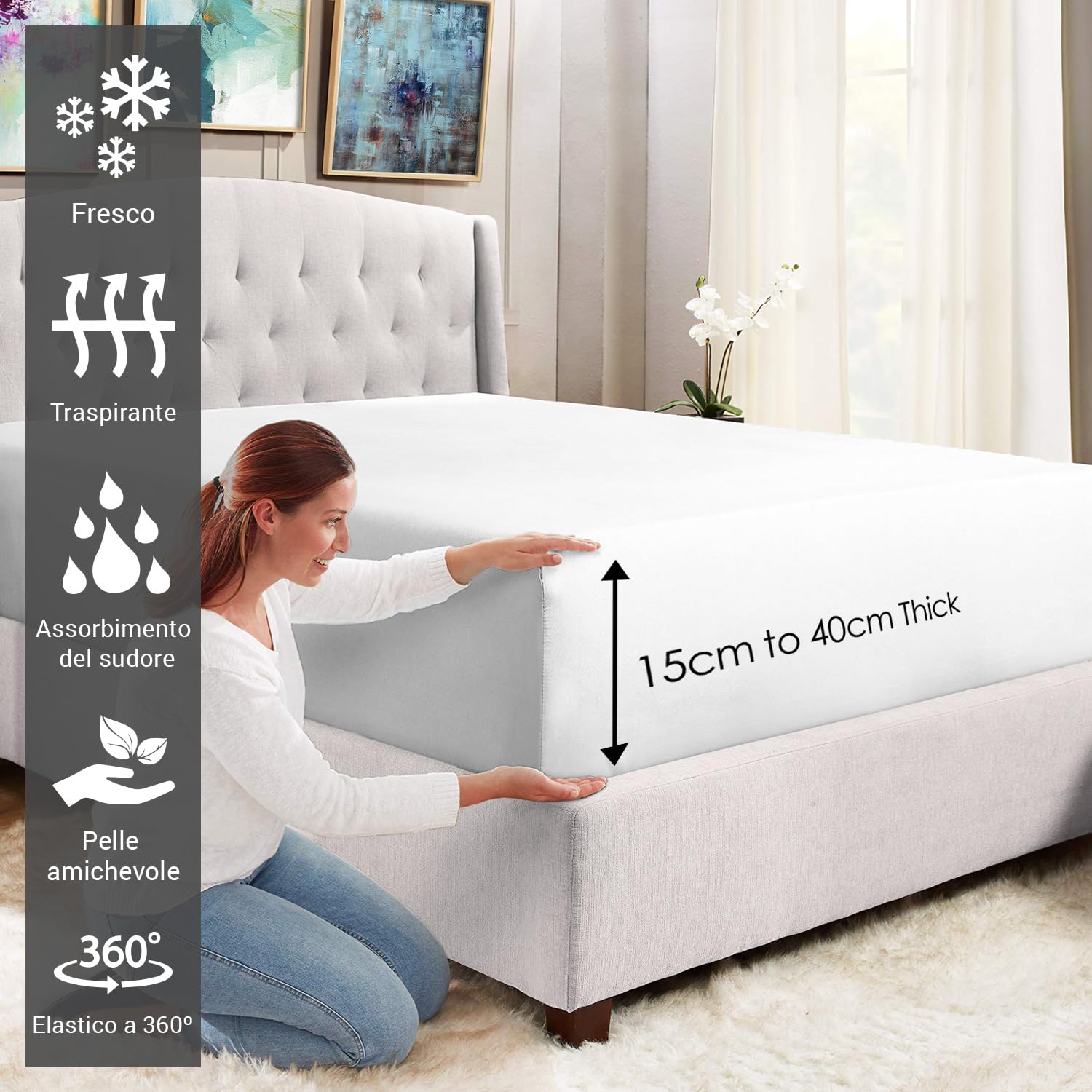 Pizuna Lenzuolo con angoli Singolo Cotone 90x200 cm Bianco,400 fili con Sateen 100% Cotone a fiocco lungo lenzuolo coprimaterasso con tasca profonda 40 cm (Biancheria De Letto Bianco)