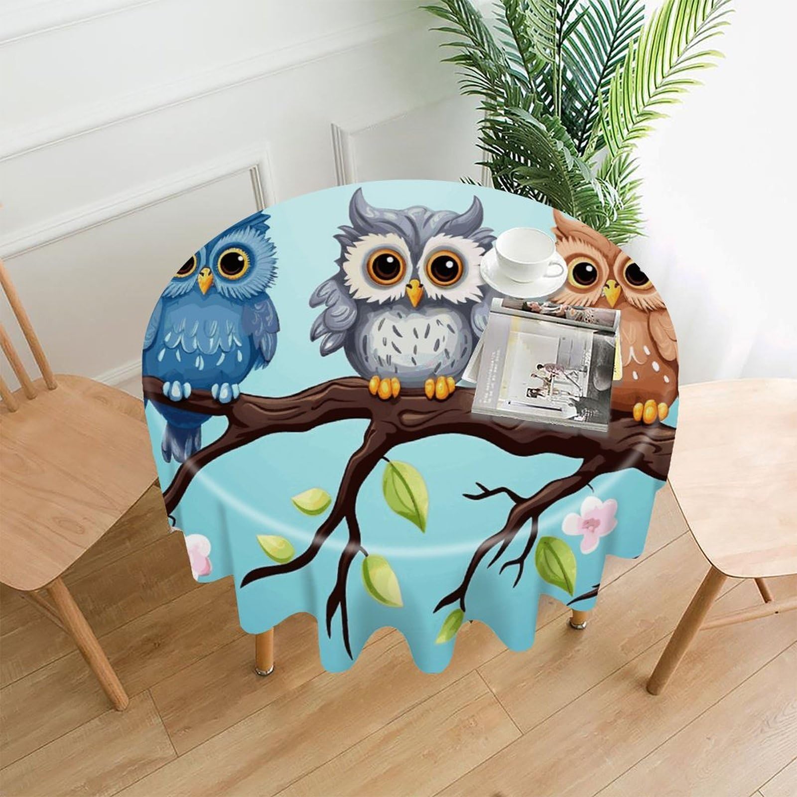 FodPand Owls on A Branch Round Tablecloth - 60 Inch Premium Polyester Table Cloth, Fashion Wrinkle Resistant Decorative Table Cover for Dining Kitchen Party Buffet Tables