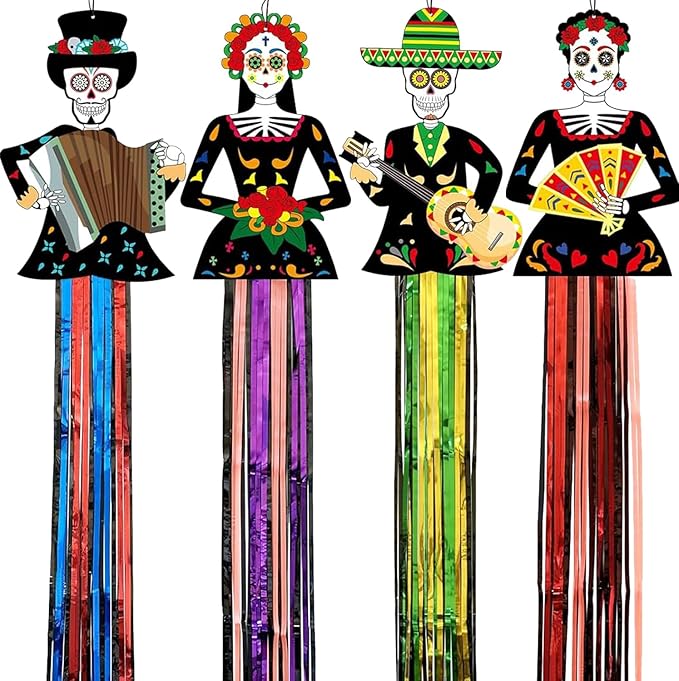 4 Pcs Day of The Dead Decor, 3.65 Ft Dia De Los Muertos Decorations Hanging Sugar Skull Decor for Mexican Day of The Dead Ofrenda Altar, Halloween Christmas Outdoor Indoor Home Yard Decor