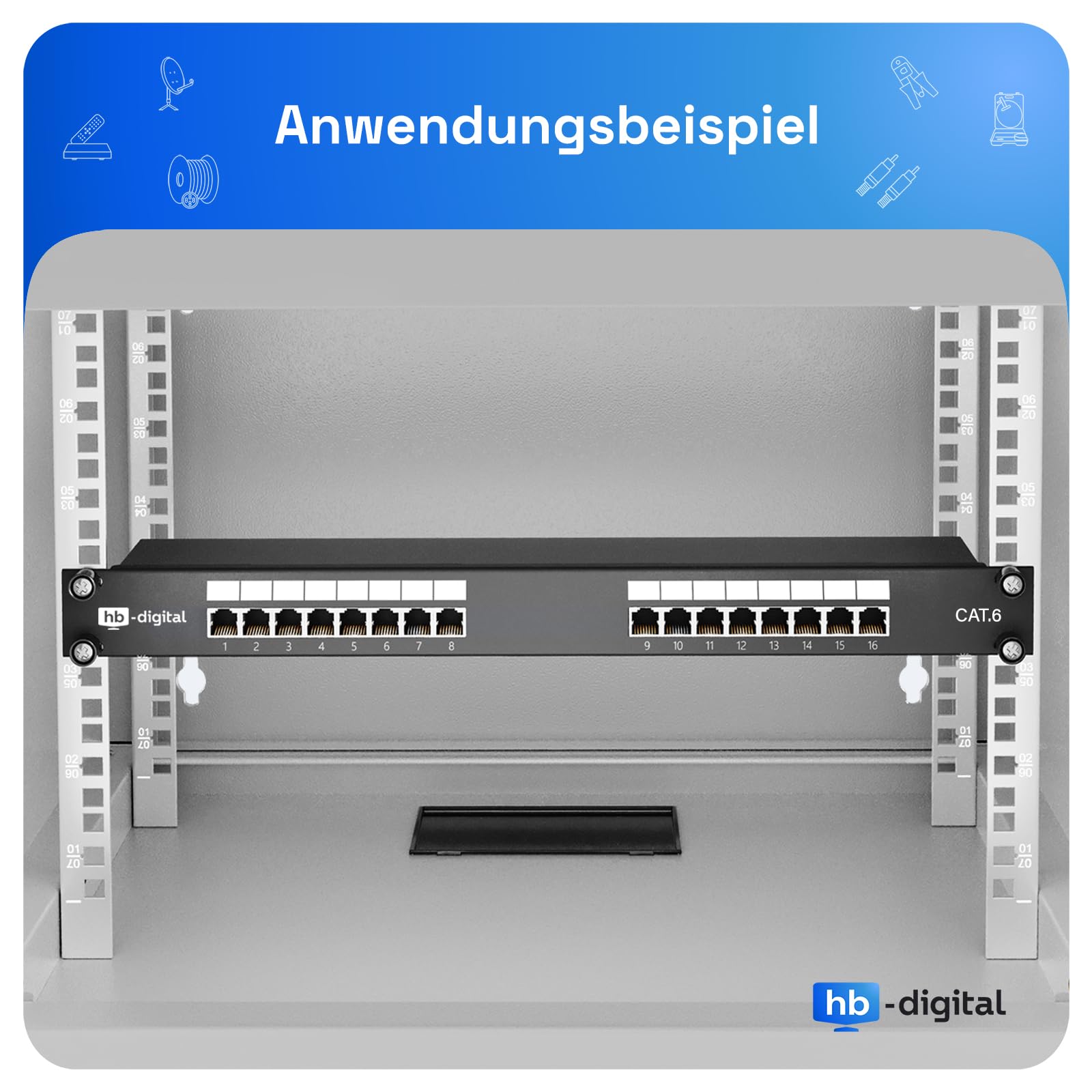 HB-DIGITAL Panneau de brassage 16 ports Cat 6 LSA blindé Noir Panneau de distribution Cat.6 (250 MHz) 19" Montage en rack Montage serveur 1HE 16x RJ45 femelle Professional, TIA568A ou TIA568B Câble de