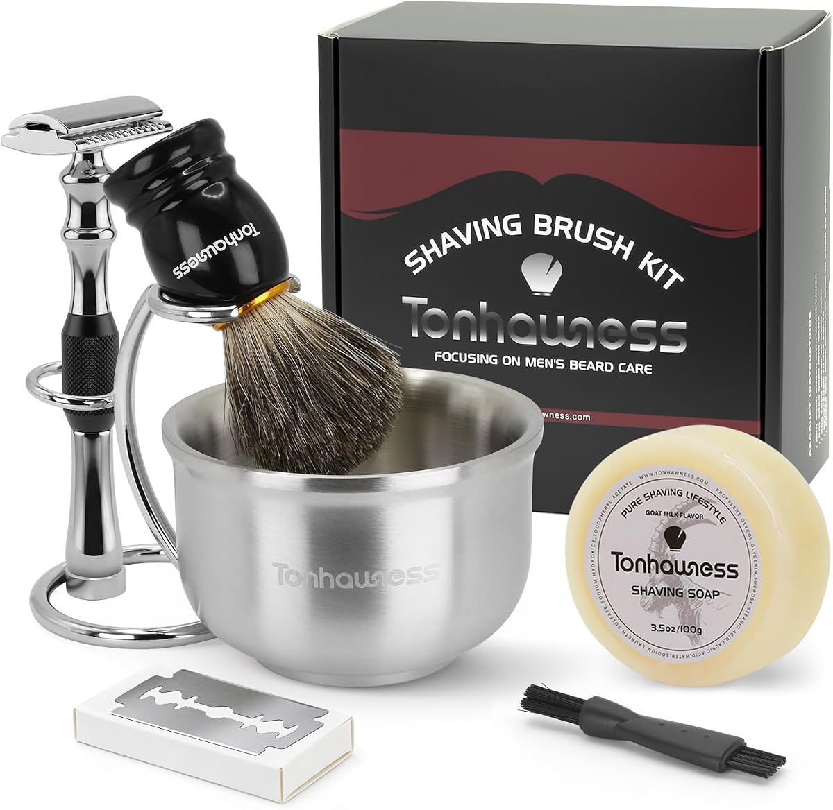 Juego de brochas de afeitar para hombres, kit de brochas de afeitar 5 en 1 que incluye brocha de afeitar de pelo de tejón, maquinilla de afeitar de seguridad para hombres, cuenco de afeitar de acero inoxidable, soporte de afeitar y jabón (mango negro con maquinilla de afeitar)