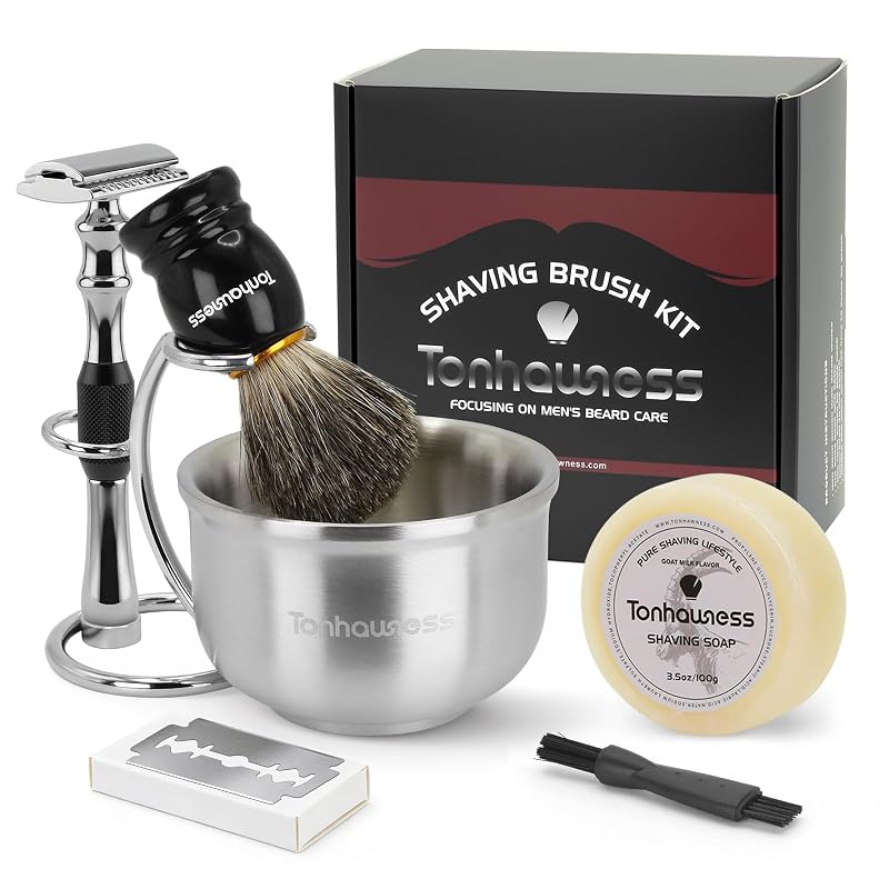 Kit de Barbear tonhawness 5 em 1 com pincel de pelo de texugo, navalhete, tigela, suporte e sabonete — cabo preto