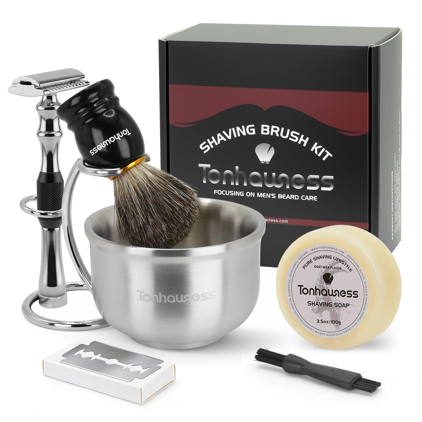 Set di pennelli da barba da uomo, set di pennelli da barba 5 in 1, con spazzola da barba in setole di tasso, rasoio di sicurezza da uomo, ciotola da barba in acciaio