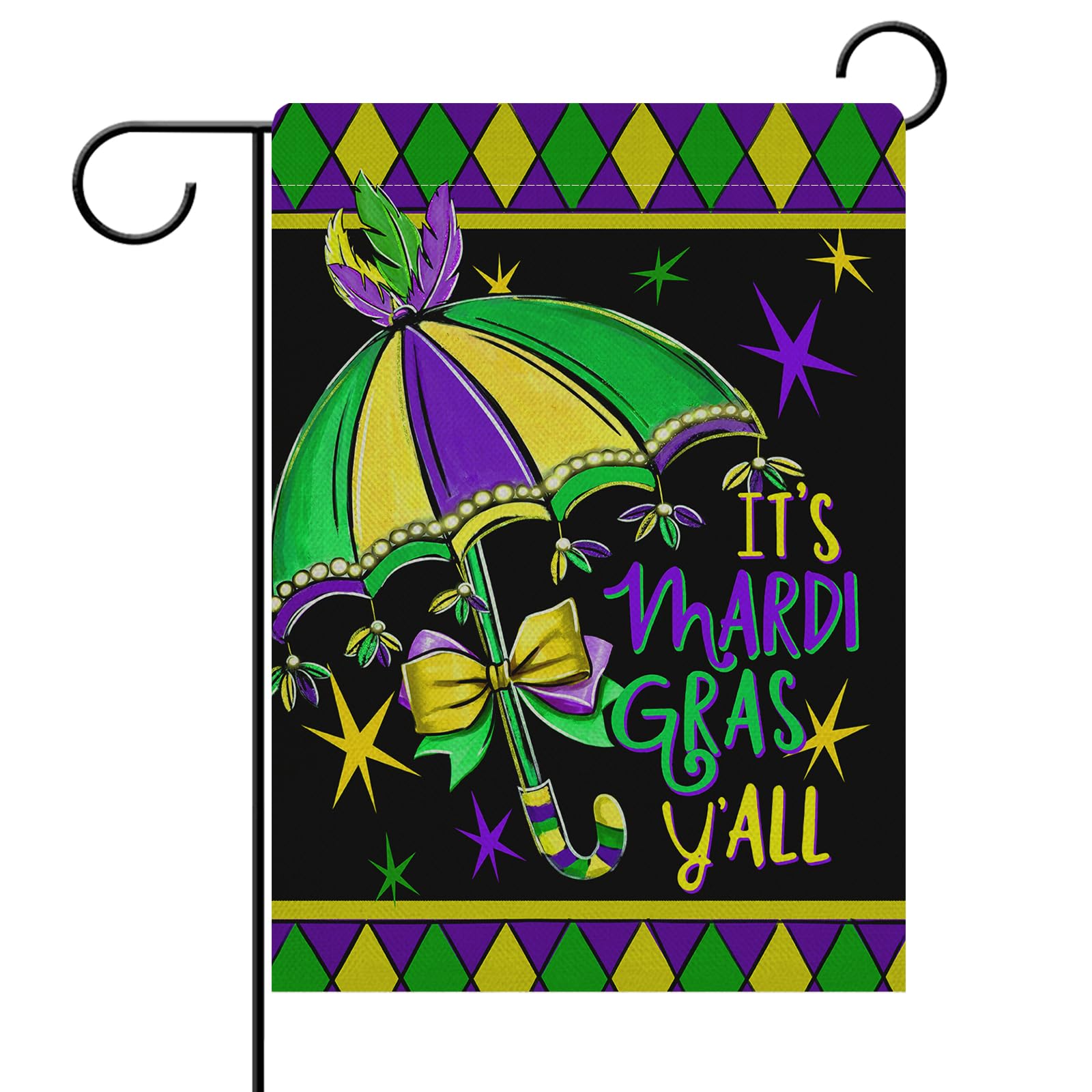Dyrenson It's Mardi Gras Y'all Umbrella Decorative Garden Flag, New Orleans Carnival Yard Outside Home Decorations, Diamond Burlap Outdoor Small Decor Double Sided 12 x 18