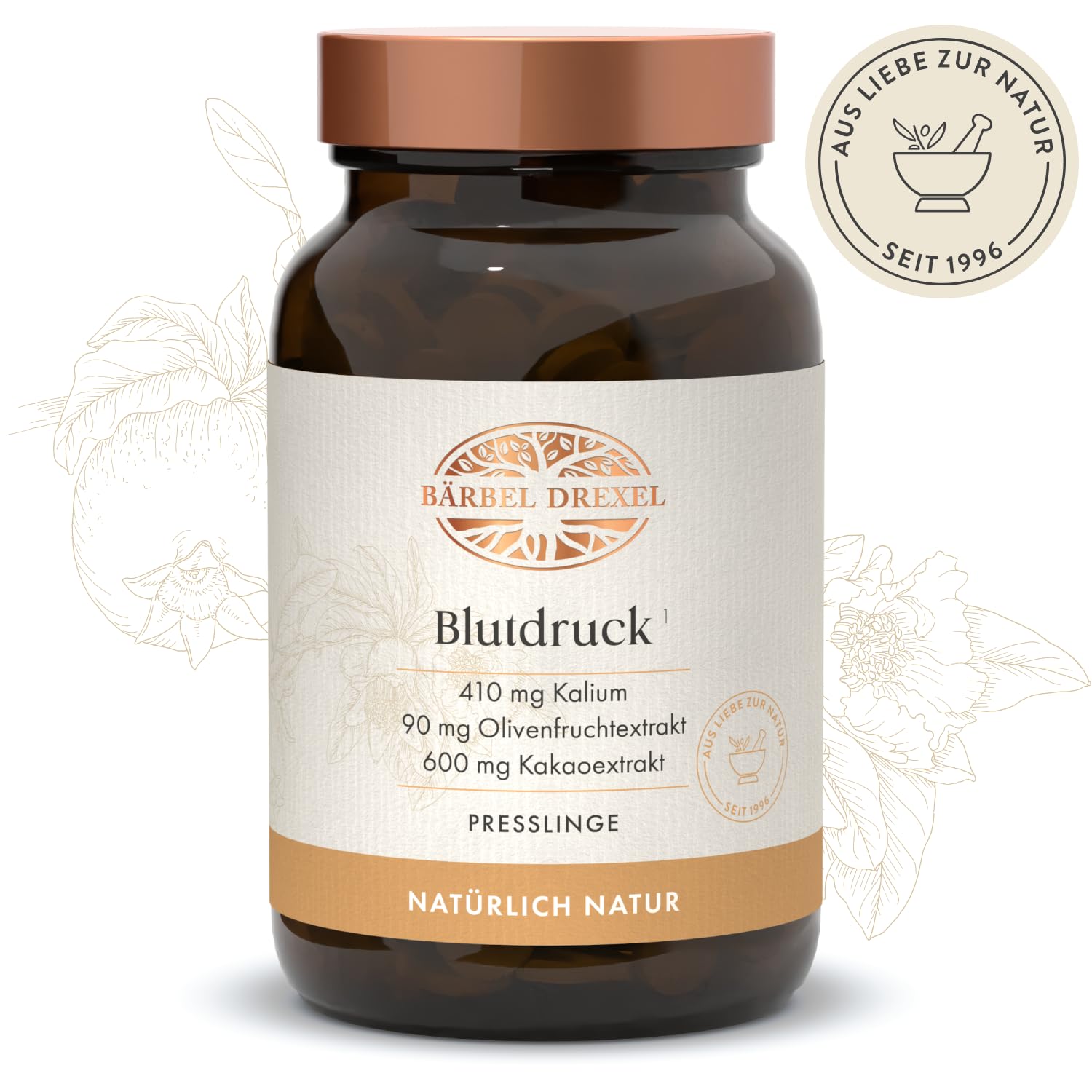 Blutdruck Tabletten I Rein pflanzlicher Wirstoff-Komplex aus natürlich gewonnenem Kalium, Kakao, Kräuter, Oliven, Granatapfel, Acerola (220 Stk) Naturheilkunde Kalium Tabletten BÄRBEL DREXEL®