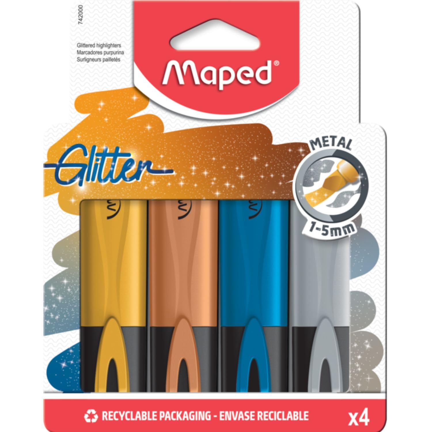Maped Metallic Glitter Highlighter Set - Pack of 4 |Highlighter Marker Set|Metallic Marker Pen Set | Quick Drying & Smudge Proof Ink | Non-Toxic Ink, Safe For Childrens | Multicolor