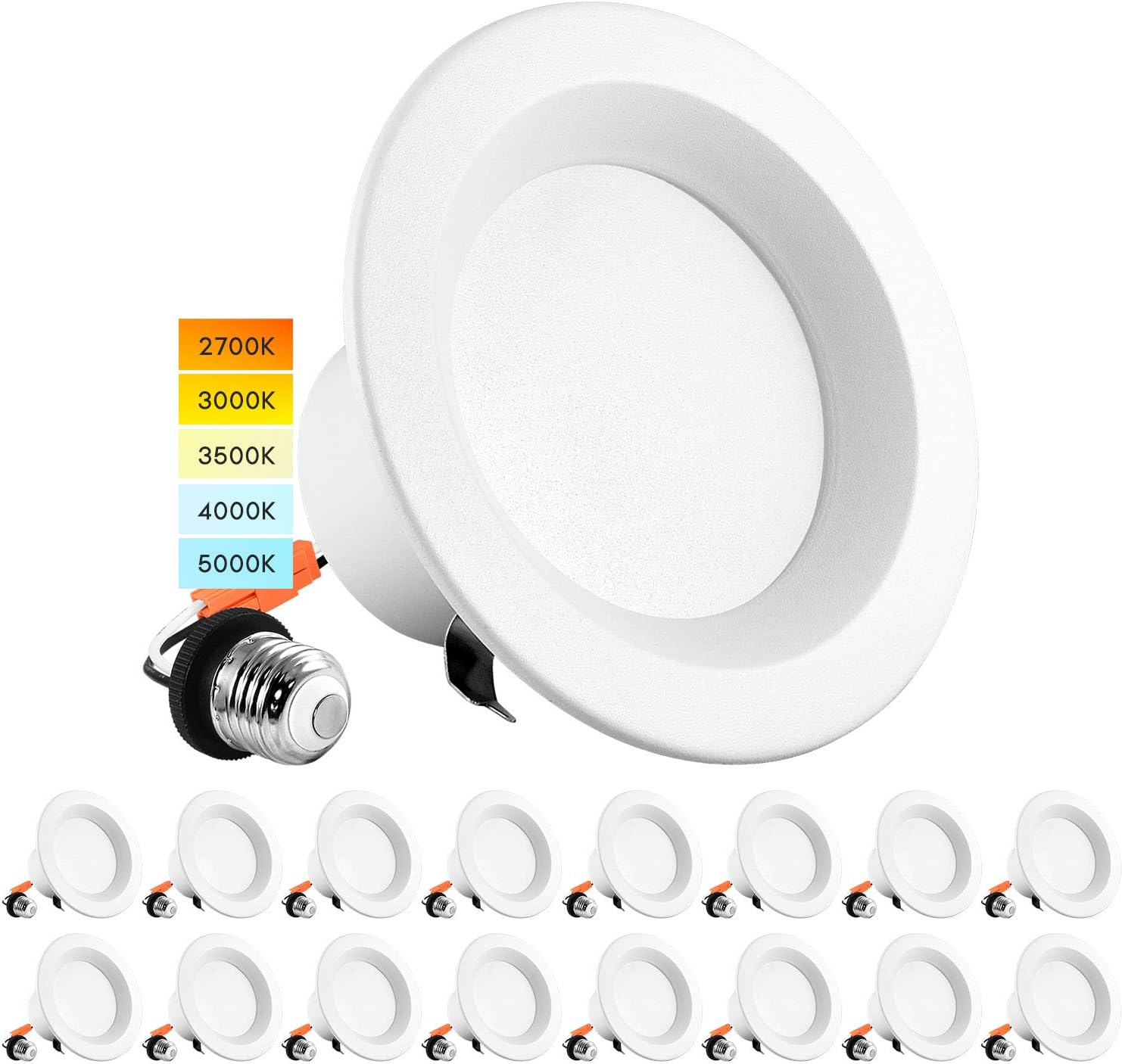 LUXRITE 4 Inch LED Recessed Can Lights, 10W=60W, CCT Color Selectable 2700K | 3000K | 3500K | 4000K | 5000K, Dimmable Retrofit Downlights, 750 Lumens, Energy Star, Wet Rated, ETL Listed (16 Pack)
