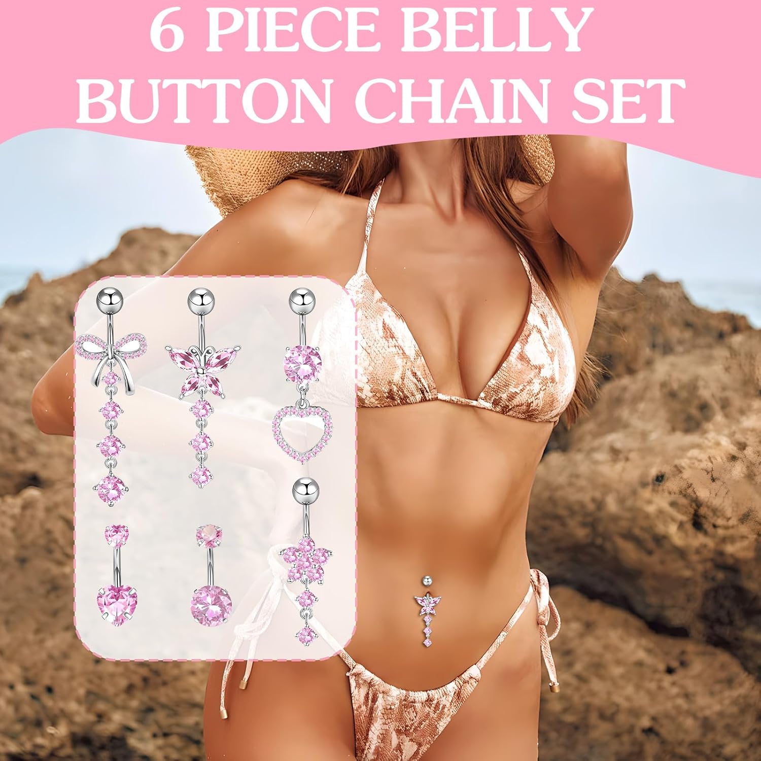 Belly Button Ring Dangle, 14G Stainless Steel Belly Button Ring Set, Navel Piercing Jewelry Pink Bow Heart-Shaped Flower Butterfly Diamond, Women Accessories - Image 6