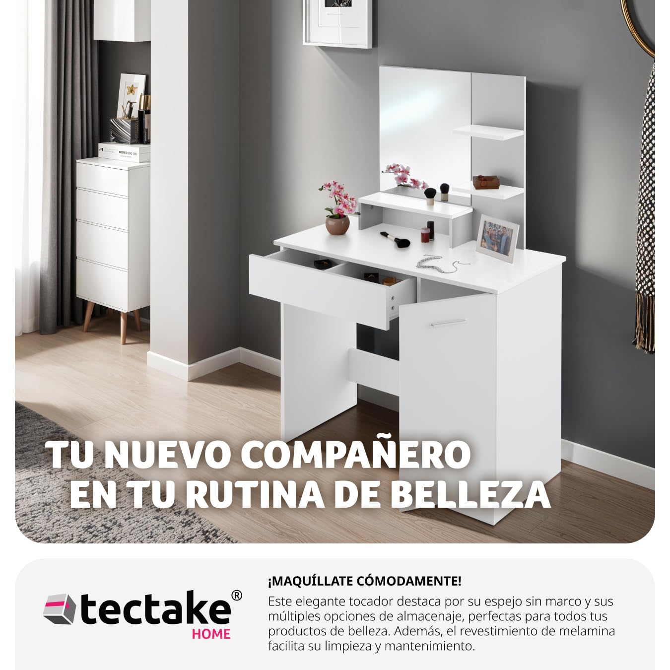tectake® tocador de Maquillaje con Espejo Grande, 3 estantes Abiertos, cajón Inferior, Compartimento Lateral, Gran Resistencia, Superficie Resistente, Espejo tocador, Mesa Maquillaje - Blanco