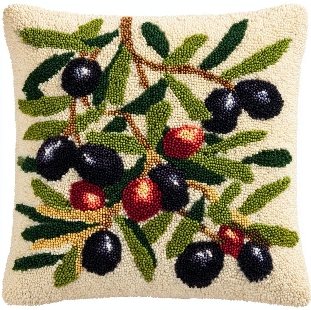 WallustrioaW Latch Hook Kit for Beginners,Olive Branches and Fruits,Cushion Cover Making Kit,Embroidery Pillowcase Latch Craft for Adults,17x17in
