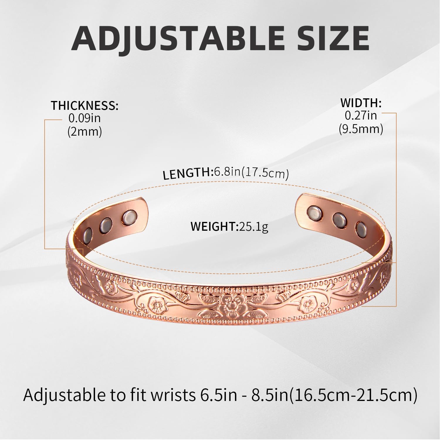 MagEnergy Copper Bracelets for Women, 99.9% Pure Copper Vintage Flower Magnetic Bangle with 3500 Gauss Magnets,Adjustable Cuff Jewelry Gift - Image 4
