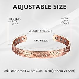 MagEnergy Copper Bracelets for Women, 99.9% Pure Copper Vintage Flower Magnetic Bangle with 3500 Gauss Magnets,6.8 Adjustable Cuff Jewelry Gift(Rose Gold)