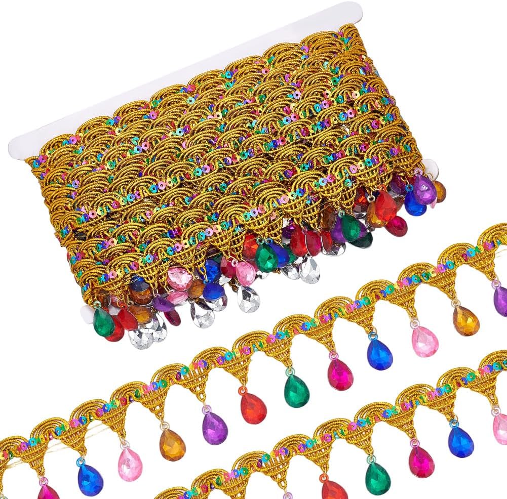 10 Yards 1.77 Yards Sequins Ribbon with Colorful Rhinestone Beaded Tassel Fringe Trim Sequin Gold Braid Fringes Lace Ribbon Crystal Bead Ribbons for Sewing Making Crafts Clothes Home Decor