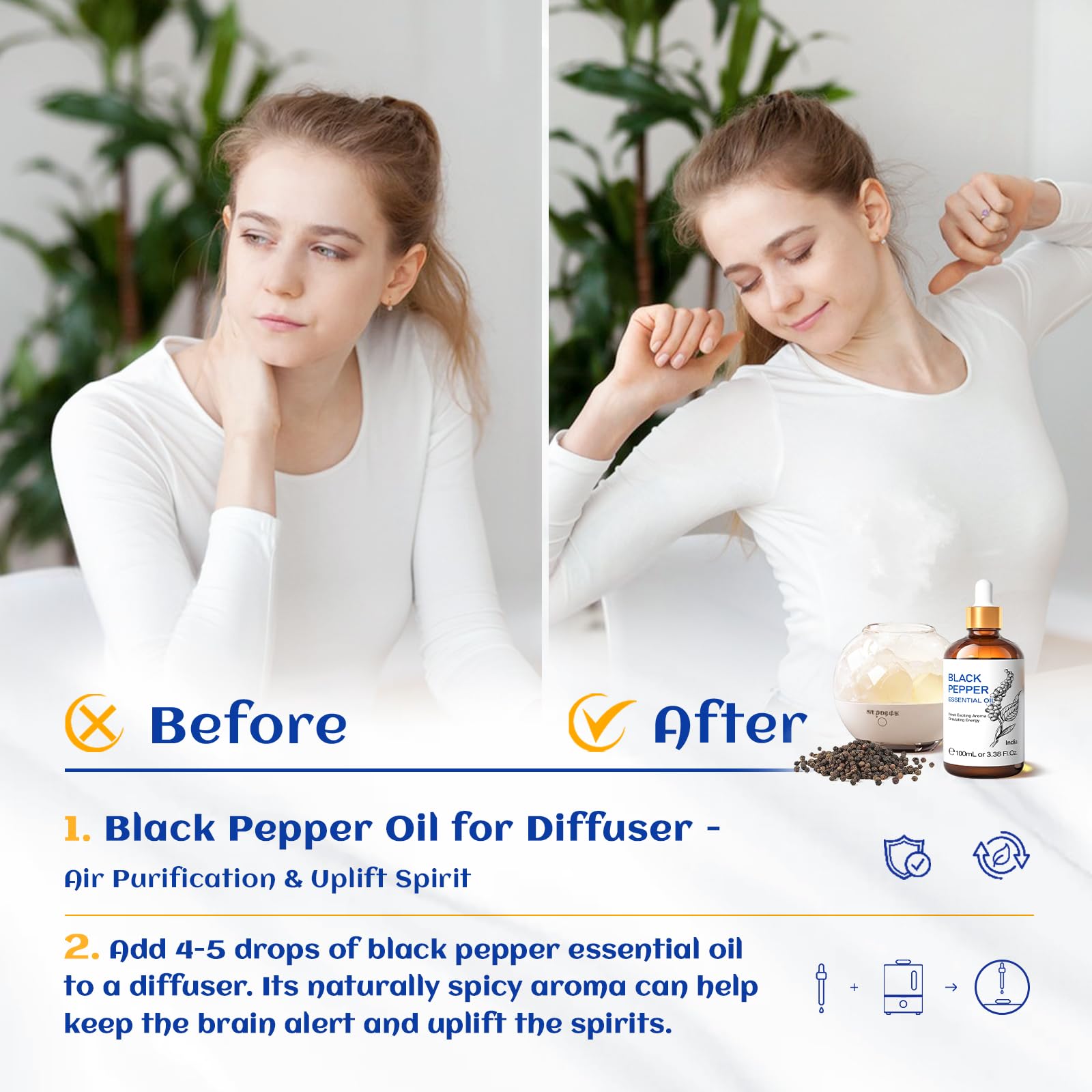 HIQILI Olio essenziale di pepe nero, puro olio naturale di pepe nero per aromaterapia, diffusore