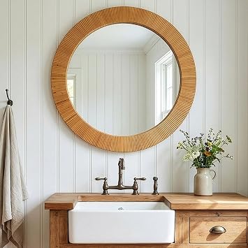 Round Rattan Wall Mirror for Bathroom 24 Inch Decorative Boho Circle Wicker Mirror Farmhouse Nature Wood Frame Woven Mirror for Bedroom Living Room Entryway