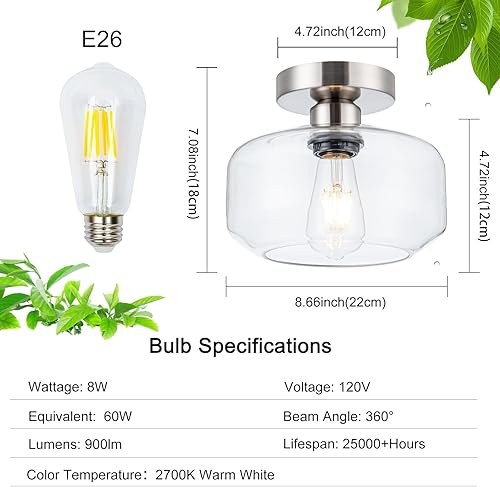 Miniatura 3 de Luces de techo semiempotradas simples y elegantes de vidrio transparente, base de metal de níquel cepillado, incluye bombilla LED de 900 lúmenes