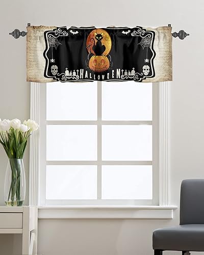 Cortina de cenefas para cocina, cafetería, Halloween, espeluznante gato negro con calabaza, fantasma, cenefa de ventana, cortinas cortas de 54 x 18