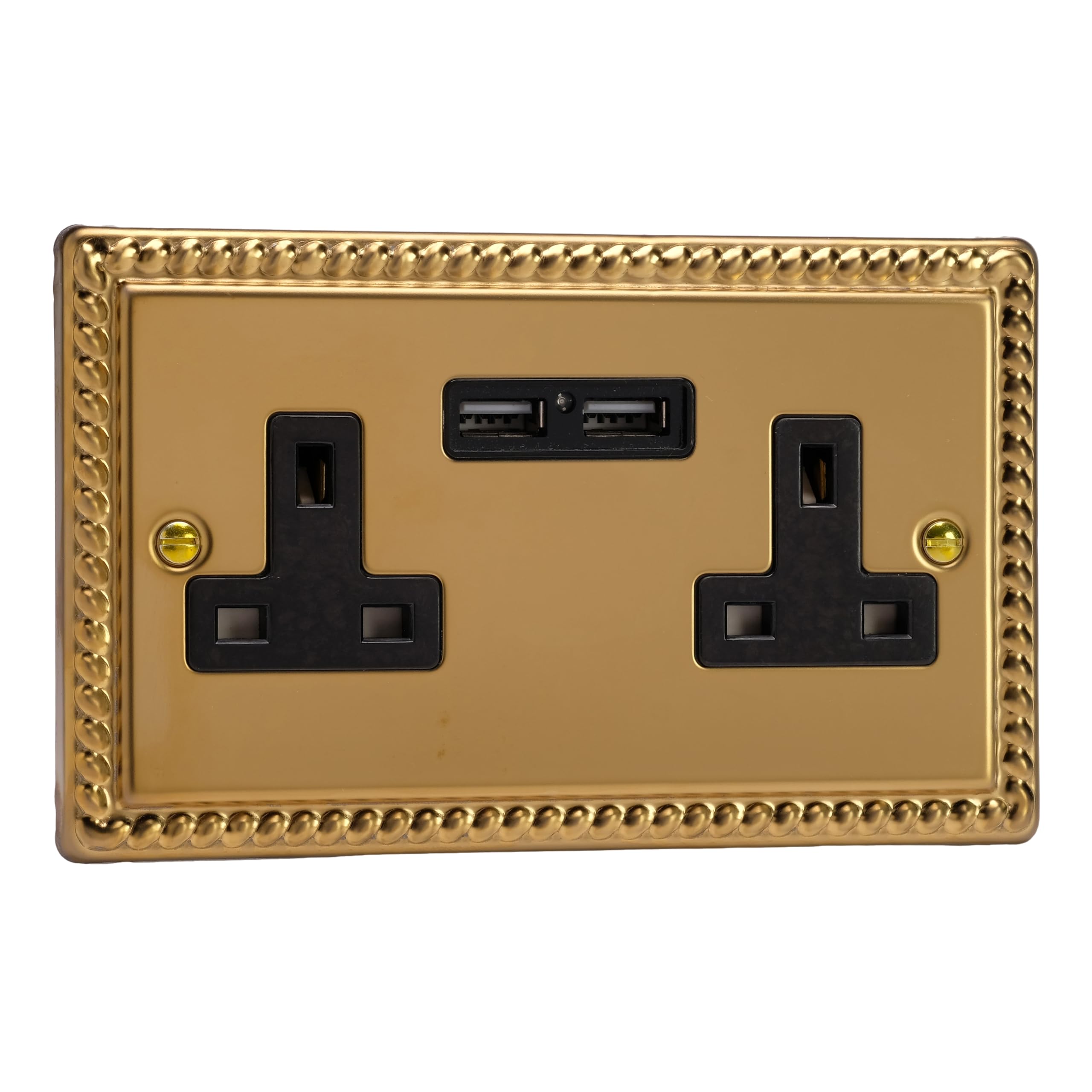 Varilight 2 Gang, 13 Amp Unswitched Socket with 2 Optimised USB Charging Ports, Black Insert. Classic Georgian Polished Brass Effect