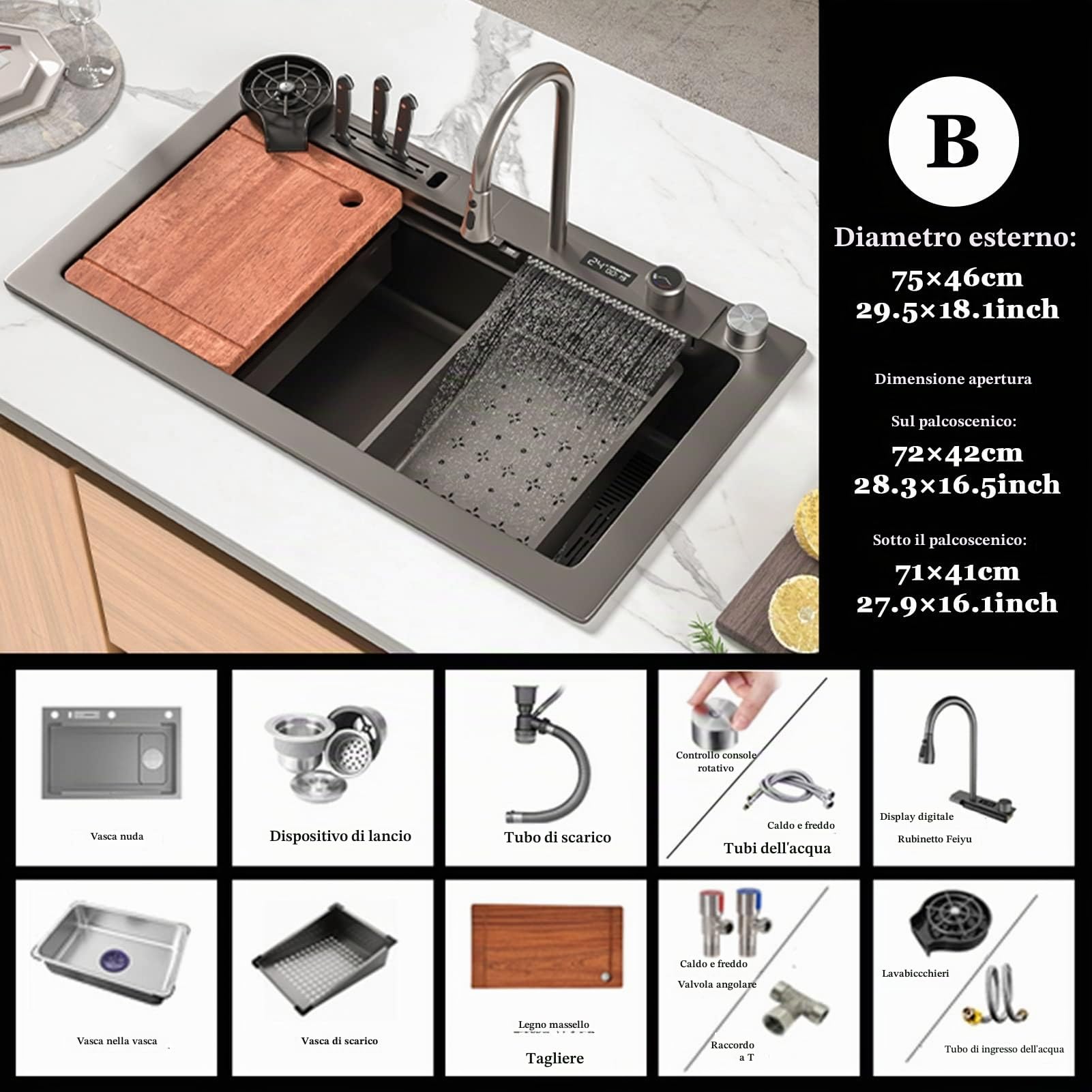 Lavello da Cucina A Una Vasca 304 in Acciaio Inox, Lavello A Cascata Dell'intelligenza, Lavello della Postazione di Lavoro della Cucina con Rubinetto Estraibile (Color : Black-Grey, S : 75x46cm)