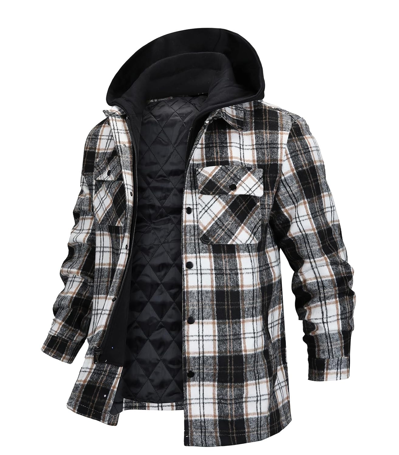 FTIMILD Jaqueta masculina de flanela com capuz, forro de ovelha, acolchoado, com capuz, xadrez, uso ao ar livre, casual