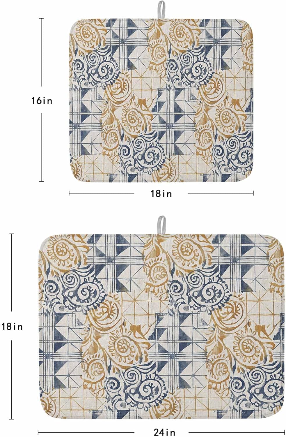 Blue Yellow Swirl Dish Drying Mat for Kitchen Counter, Microfiber Dishes Drainer Mat Rack Pad, Vintage Abstract Geometric Patchwork Absorbent Dish Bottle Drying Mats, 18''x24'', 2 Pack