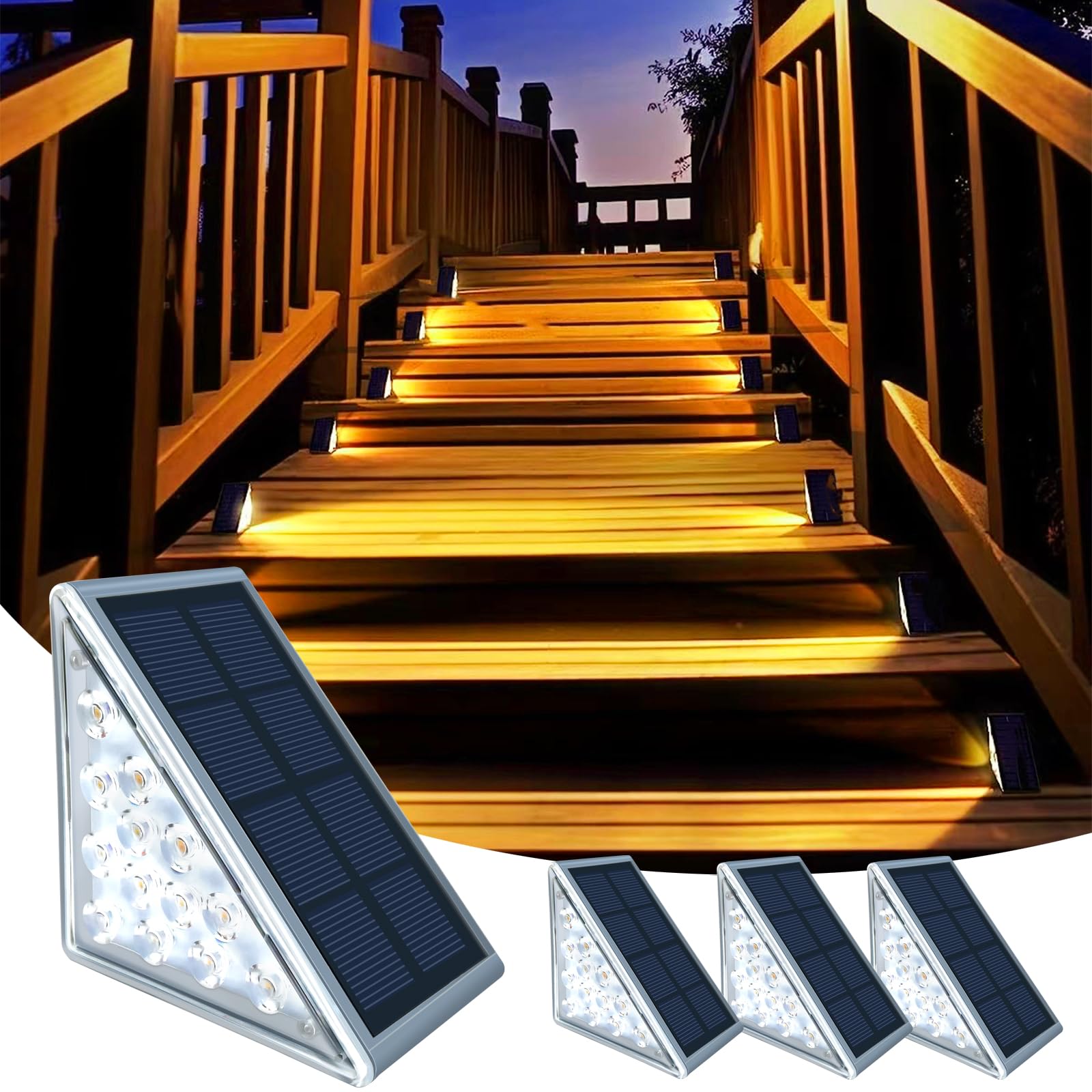 4 luces solares para escalones, luz blanca cálida, 13 LED, iluminación solar para escaleras, luz de camino al aire libre, IP67, impermeable, para decoración de porche delantero, patio, jardín