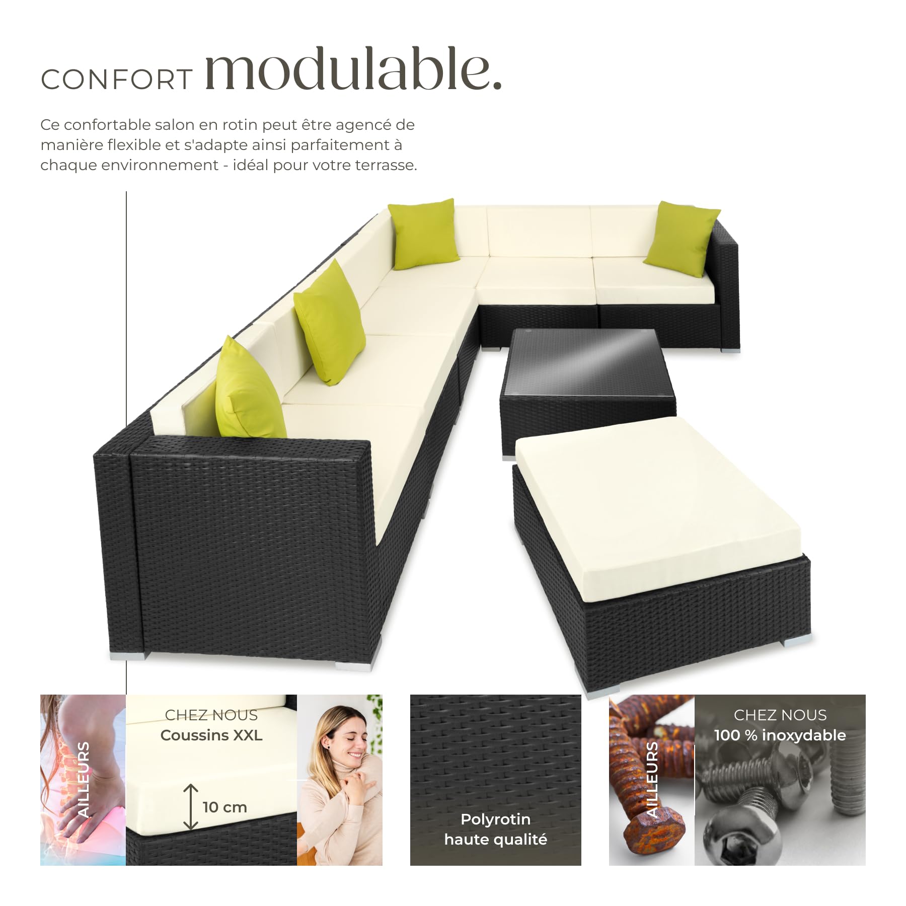 tectake® Salon de Jardin Exterieur Canapé de Jardin en Poly rotin 7 Places Modulable Cadre en Aluminium 6 Fauteuil Jardin 1 Tabouret Pouf 1 Table Coussins Inclus pour Amenagement Balcon Terrasse