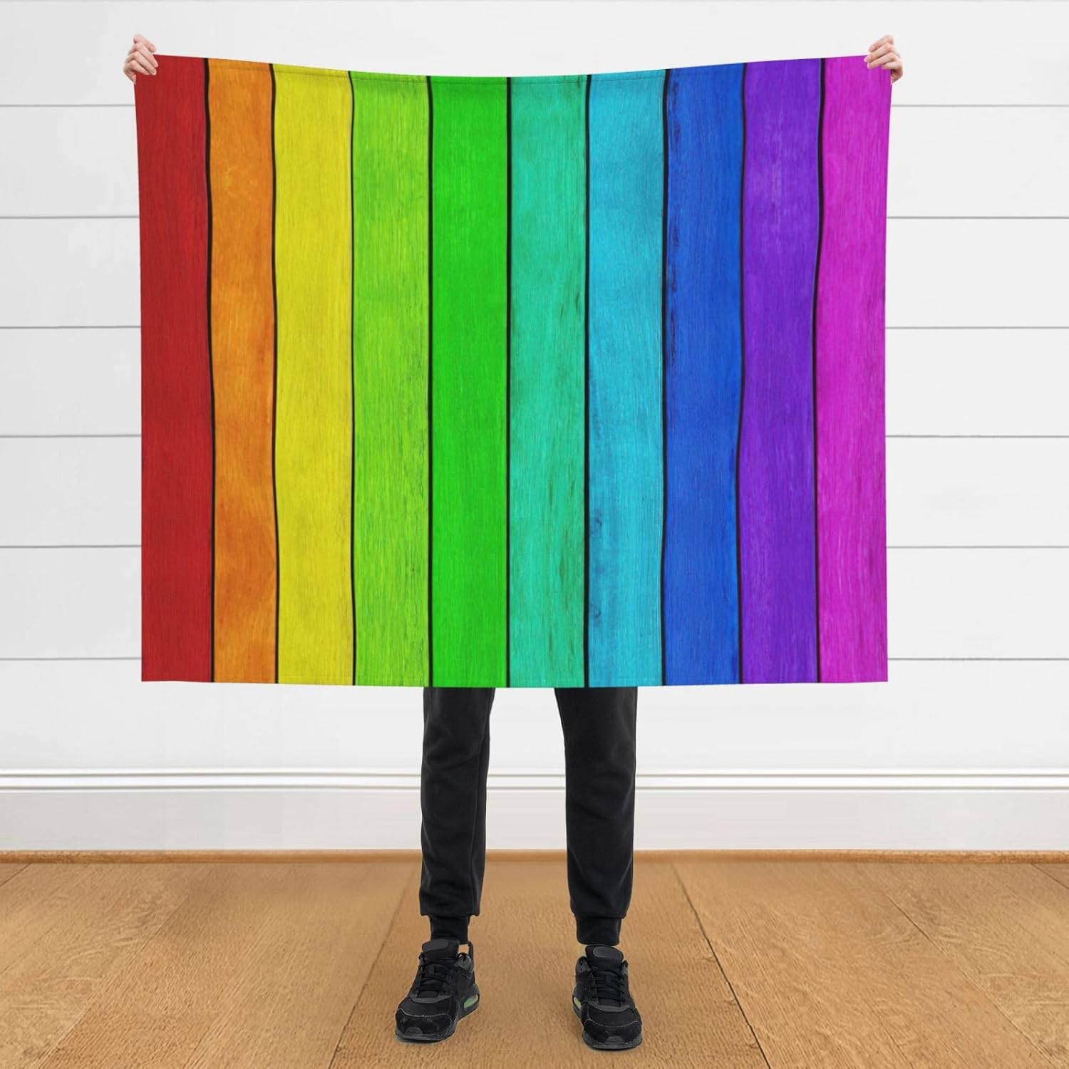 Rainbow Colored Wood Background Print Cozy Soft Blankets Warm 50x60 in Lightweight Blanket for Camping Travel