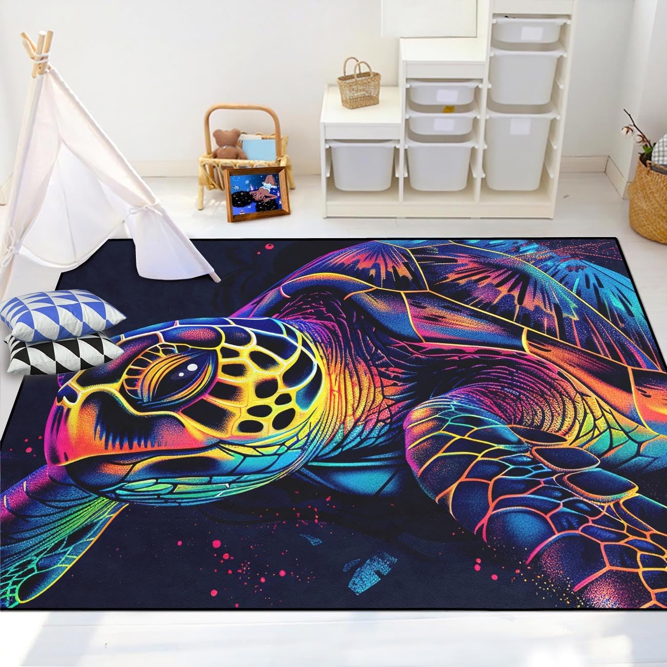 Sea Turtle Carpet Rug - Kids Coastal Rugs for Bedroom Ocean Life Theme, 47" L x 31" W