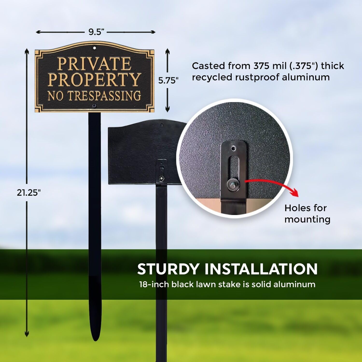 SmartSign Private Property No Trespassing Metal Plaque - GardenBoss Statement Yard Sign 5.75" x 9.5" Solid Heavy Duty Cast Aluminum Plaque with 18" Black Lawn Stake, Made in USA