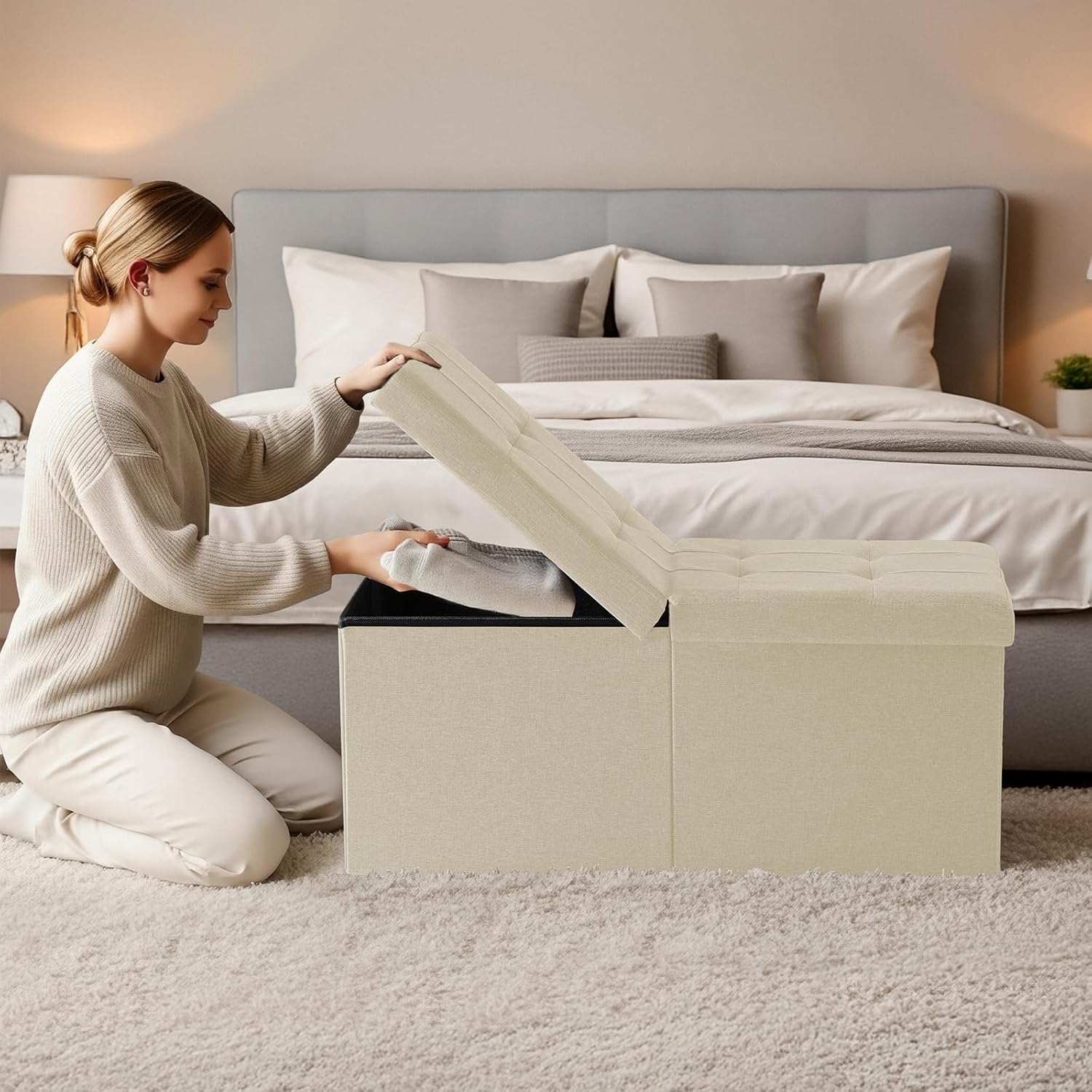 30-INCH Storage Ottoman Bench, Footrest with Storage, End of Bed Bench Coffee Table for Living Room, Bedroom, Entryway, Beige