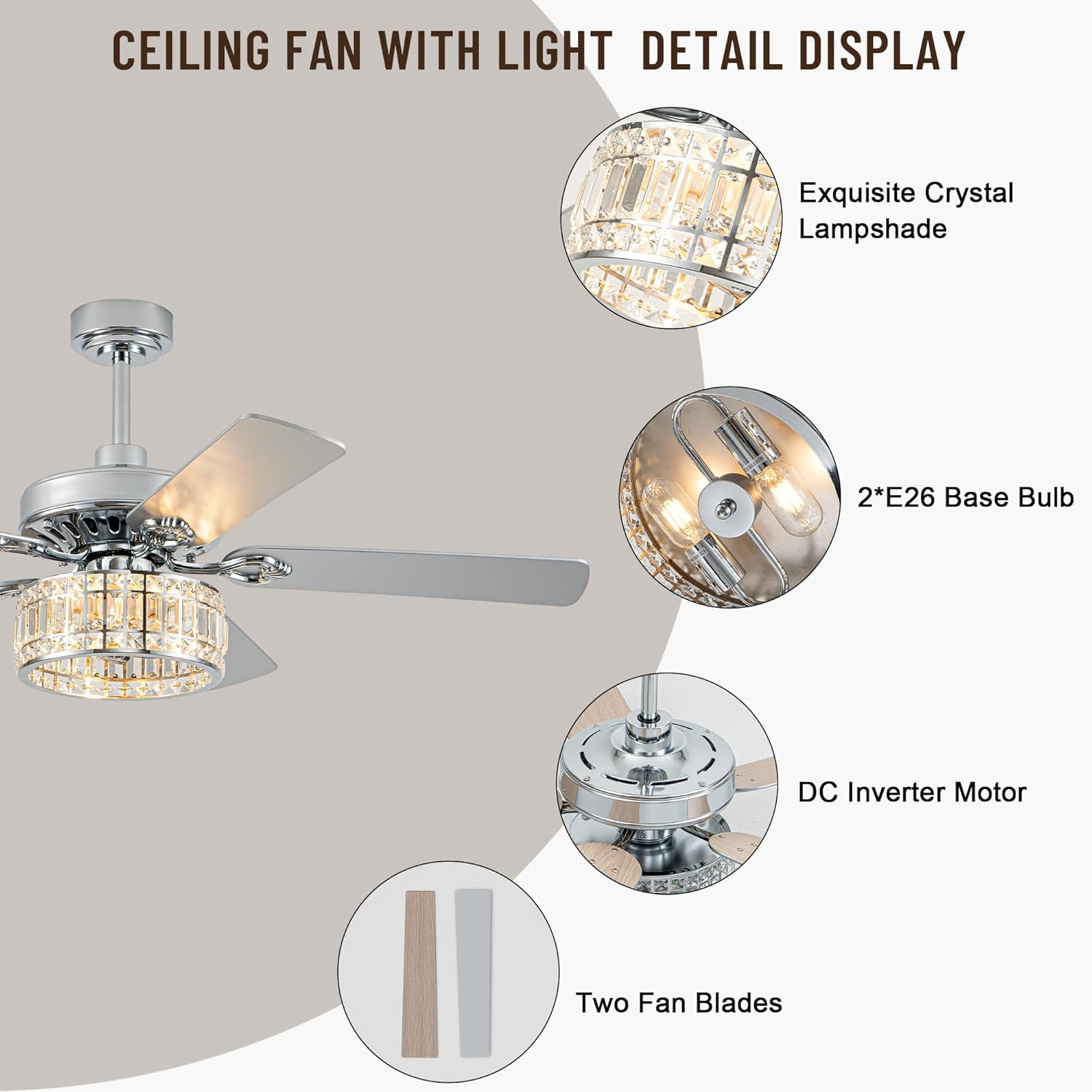 52'' Crystal Ceiling Fan with Light and Remote,Rustic Crystal Chandelier Fan with 6 Speeds,5 Double Finish Blades,Quiet and Reversible DC Motor for Living Dining Room Bedroom