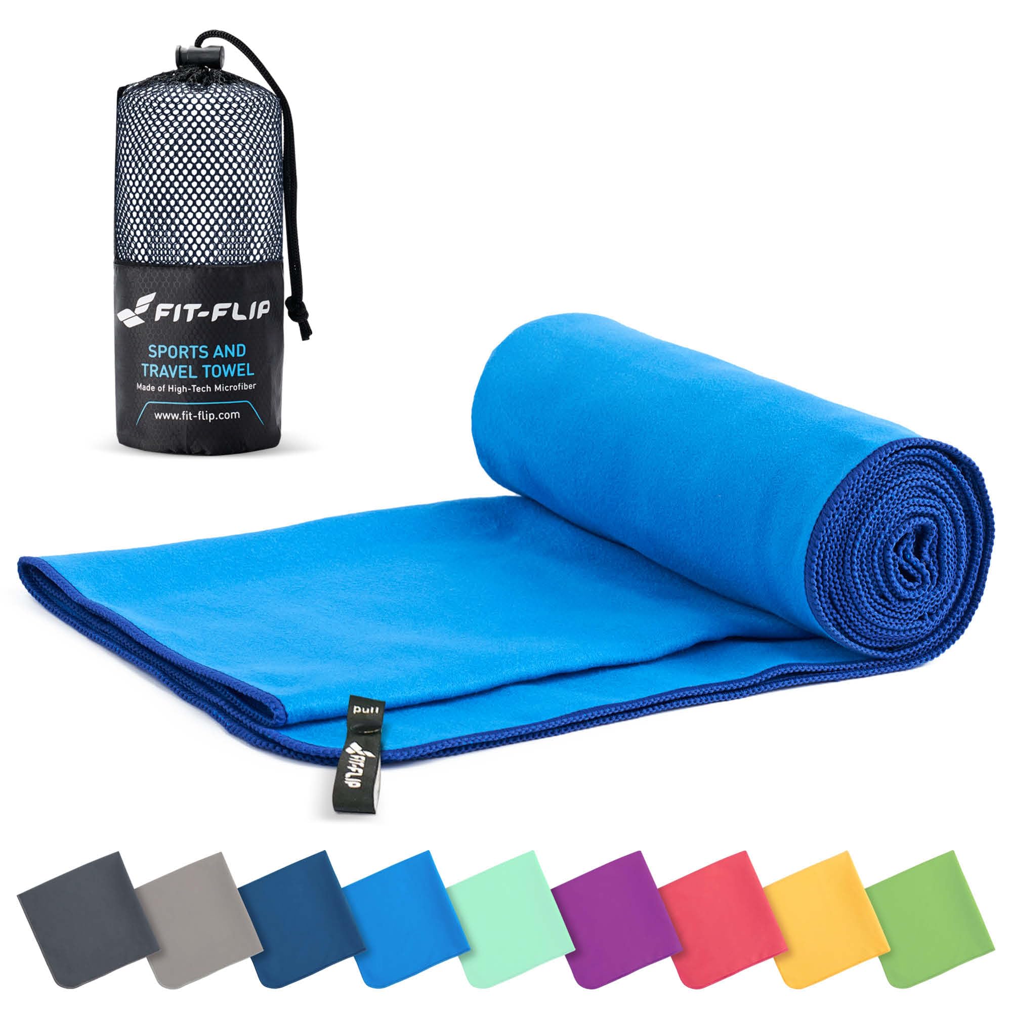 Fit-Flip Microfibre towel - compact, ultra lightweight & quick dry - perfect for gym, travel & beach - swimming towels for sports, camping & hiking (40x80cm blue-darkblue + bag)