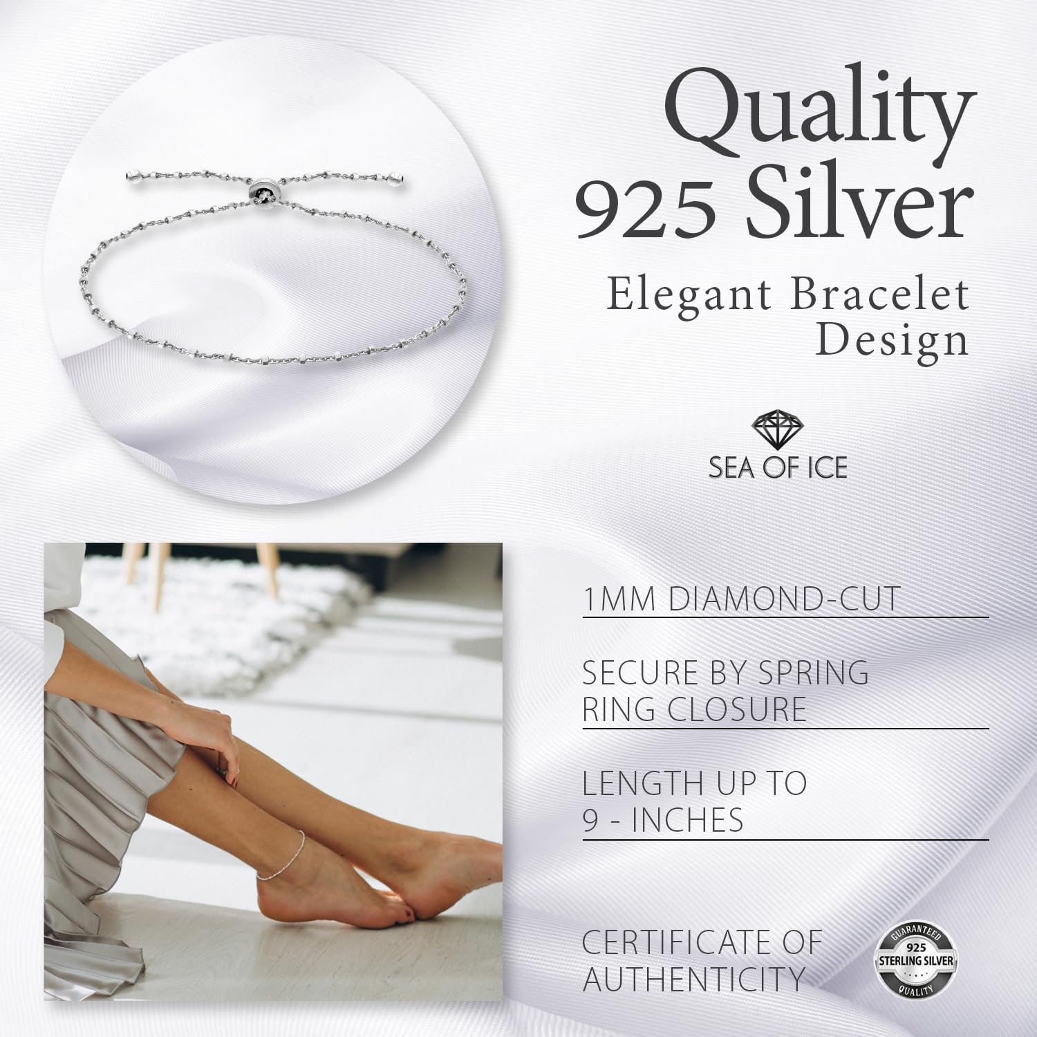 SEA OF ICE Sterling Silver 1mm Diamond-Cut Alternate Bead Rolo Chain Adjustable Bracelet for Women - Image 5