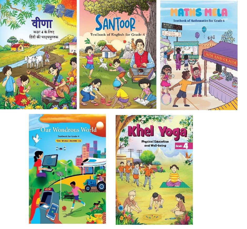 NCERT Class 4 Textbook For Hindi,English,Mathematics,The World Arounds Us & Physical Education (Veena,Santoor,Maths Mela, Our Wondrous World, Khel Yoga) (Complete 5 Book Set) Latest 2025-2026 Edition