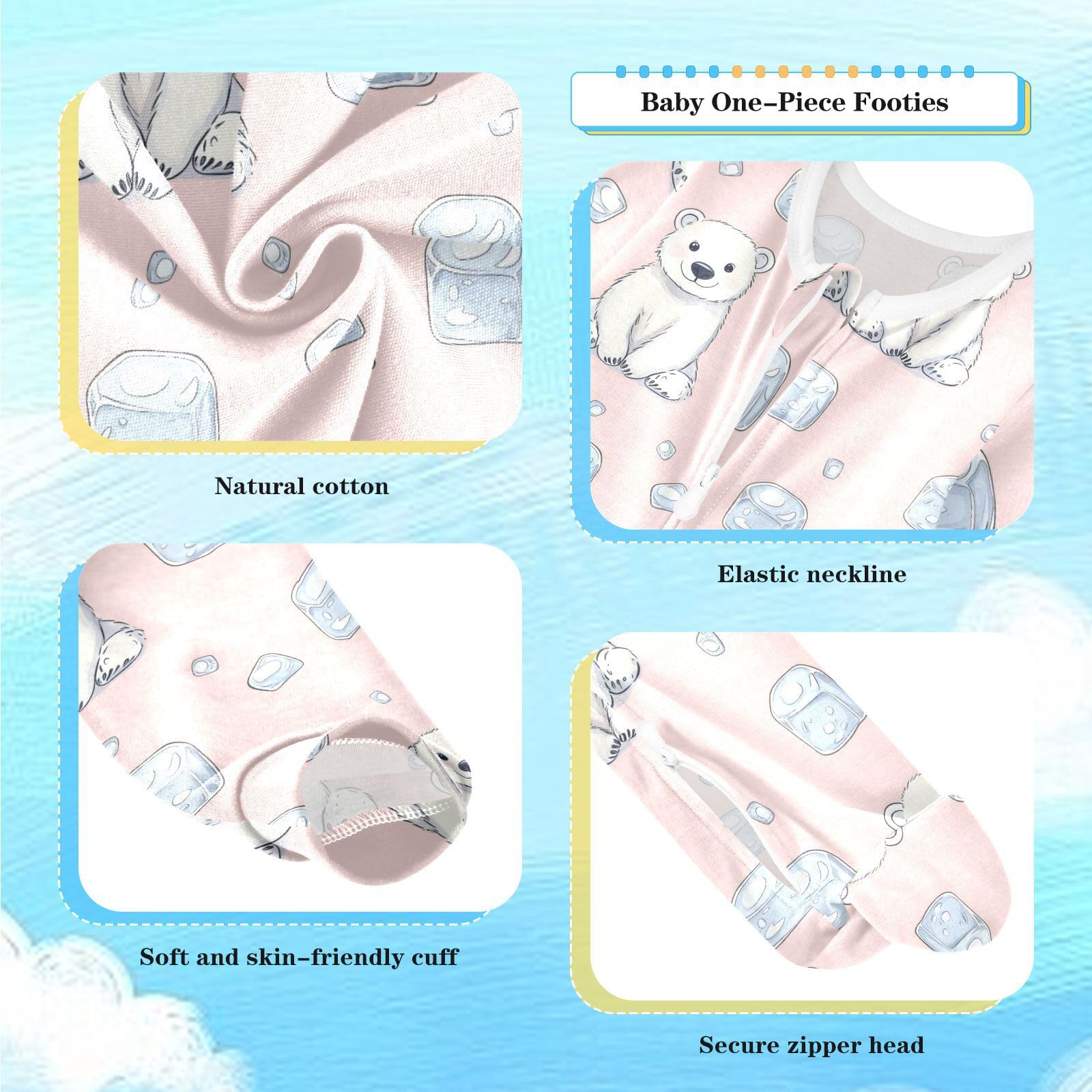 vvfelixl Baby Boys Girl Oneise Sleepers Cartoon Cute Little Polar Bear Long Sleeve Baby Play One Piece Footies for 6-9 Months