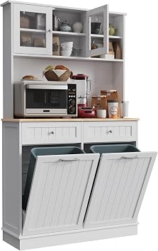 KIGOTY Pantry Storage Cabinet, Hidden Trash Can Cabinet, White, 20 Gallon | 68" Tilt Out Trash Can Cabinet, Trash Cabinet with Microwave Stand, Tall Cupboard,Pantry Cabinets for Kitchen, Dog-Proof