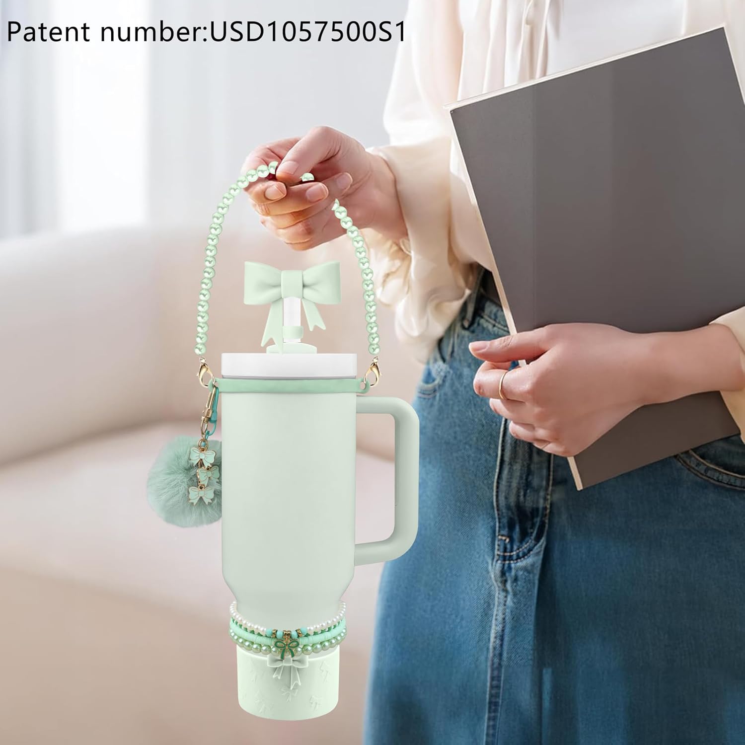 11PCS Charms of Stanley Cup Accessories 30/40 OZ Water Bottle Tumbler Accessories Set Pearl Bow Charms for Stanley Decorations Including Bow Straw Topper, Pom Pom Keychain, Tumbler Boot image 4