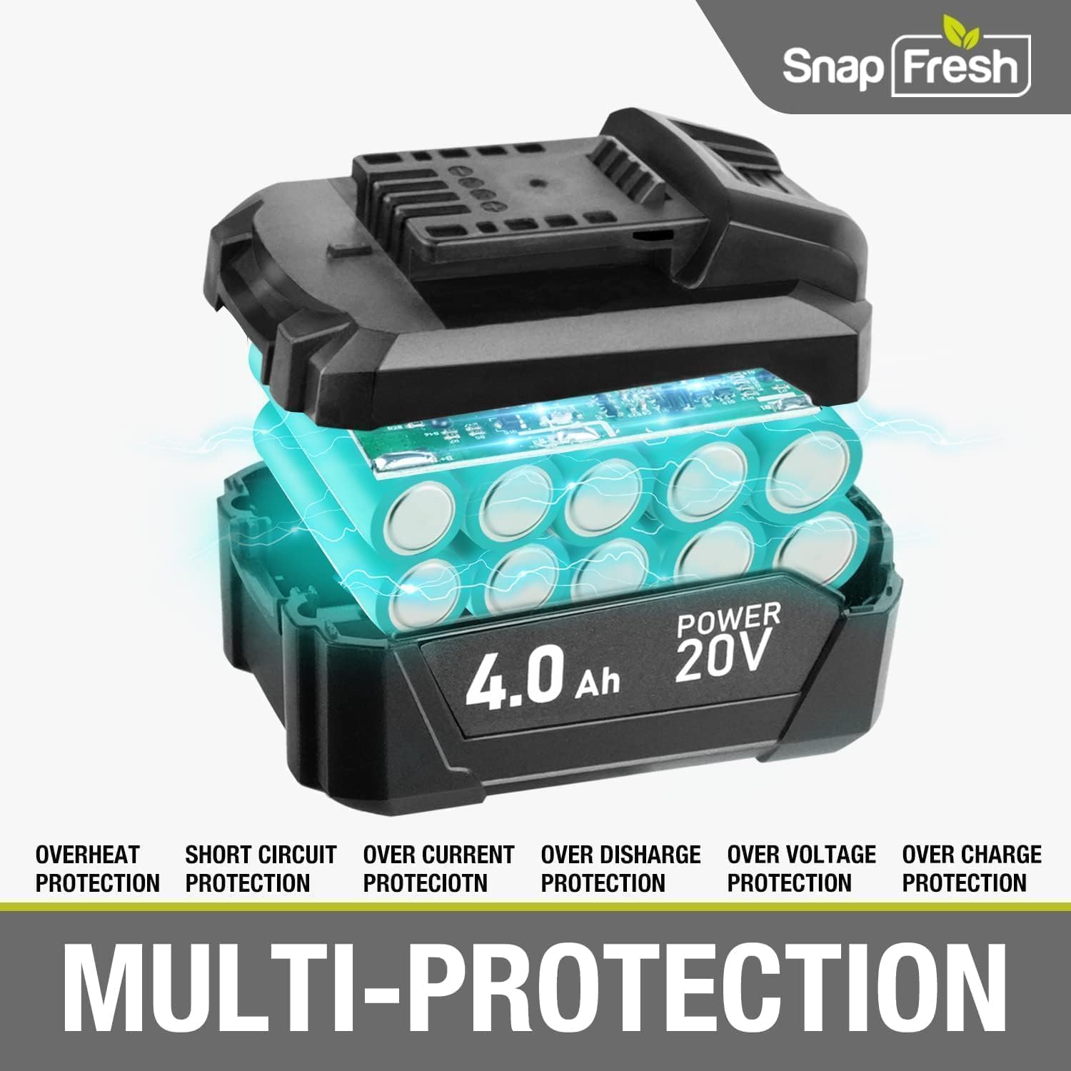 SnapFresh Batteria 20V 4,0Ah Compatibile Solo con Utensili Senza Filo SnapFresh, Batteria a Lunga Durata con Supporto alla Ricarica Rapida (JOB-YFT51-20B)