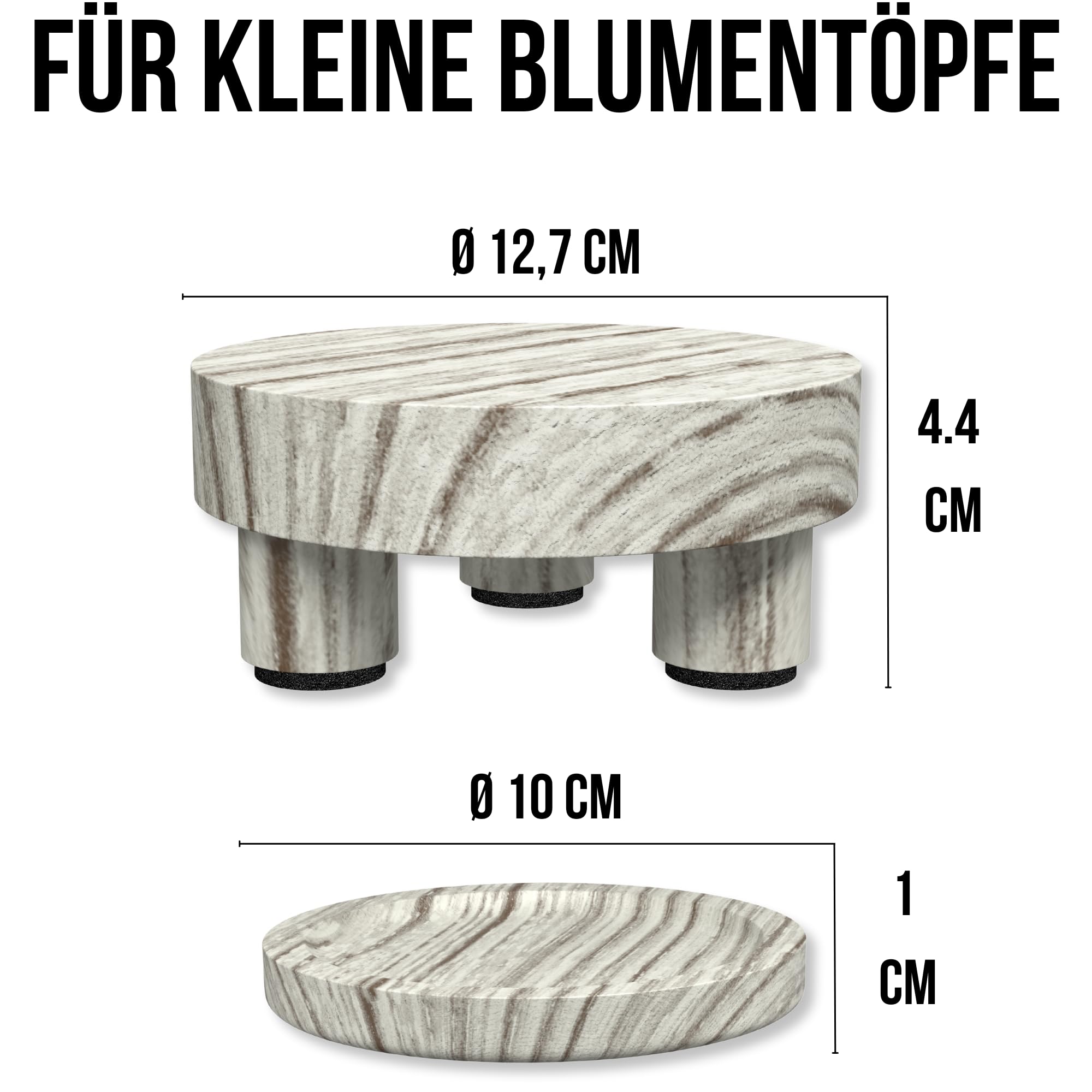 Blumenhocker Holz Set – Paulownia Holz – Für kleine Zimmerpflanzen – 2 Pflanzenhocker Ø12,7 cm + 2 Blumentopf Untersetzer Ø10 cm + 6 Filzgleiter – Natur